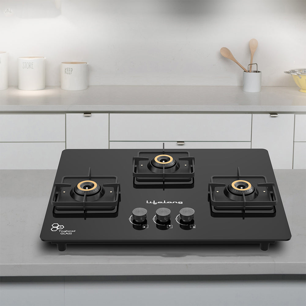 Lifelong 3 Burner Hob Gas Stove – Toughened Glass Top with Auto Ignition for Modern Kitchen (LLHT923)