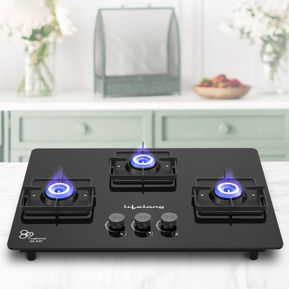 Lifelong 3 Burner Hob Gas Stove – Toughened Glass Top with Auto Ignition for Modern Kitchen (LLHT923)