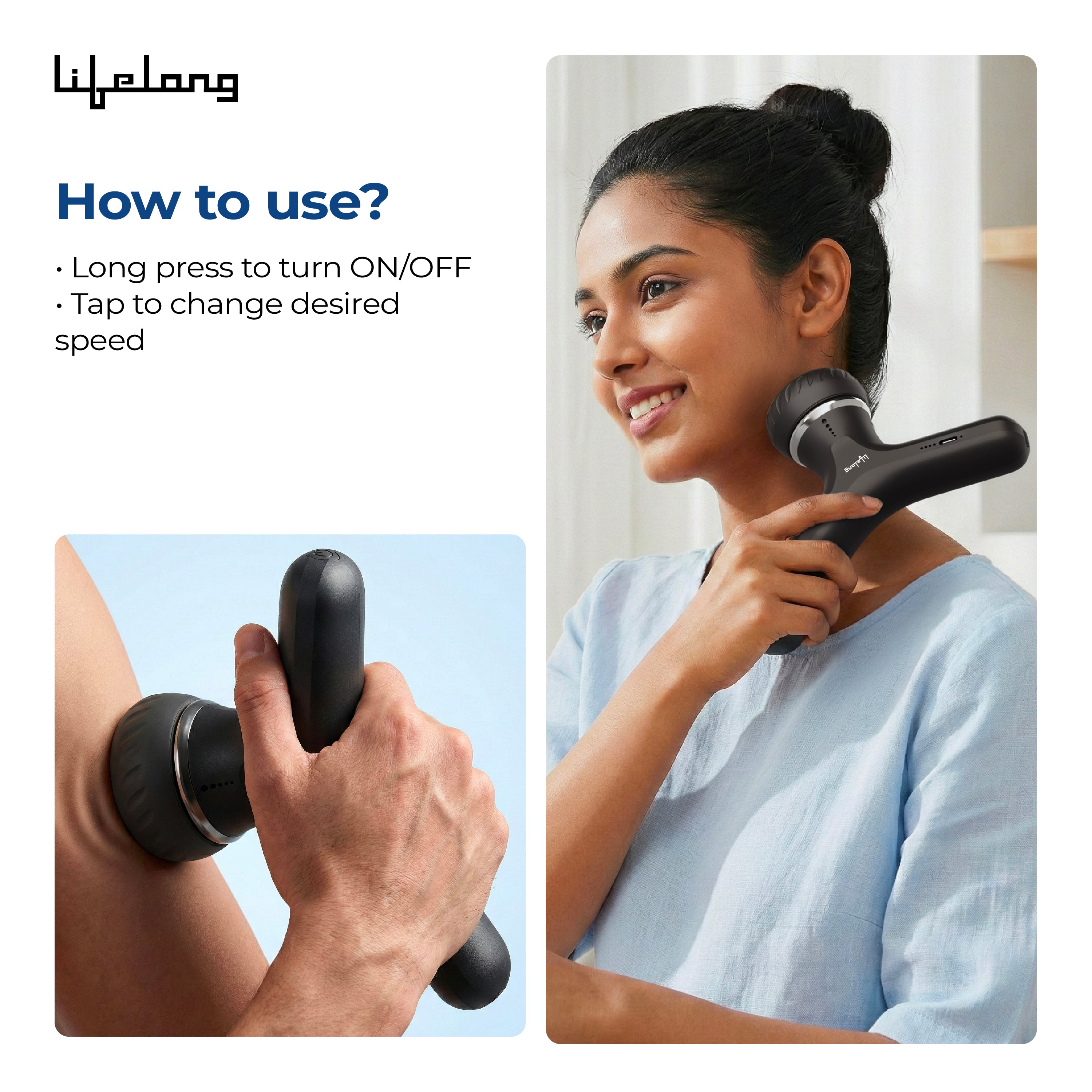 Lifelong Flathead Massager | Body Massager for Pain Relief | 4 Specialized Heads for Targeted Therapy | 4 Speed Levels | Full Body Electric Percussion Massager for Adults & Children
