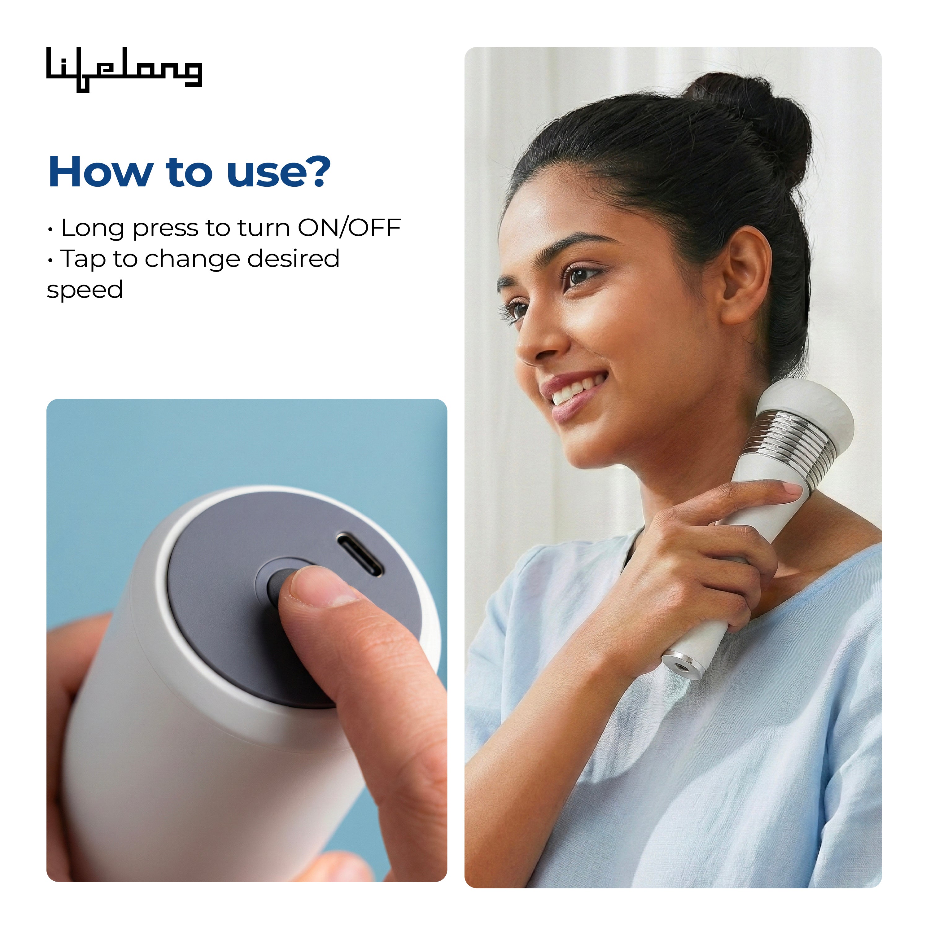 Lifelong Flathead Cordless Massager | Rechargeable Body Massager for Pain Relief | 4 Heads for Targeted Therapy | 6 Speed Levels | Full Body Electric Percussion Massager for Adults & Children