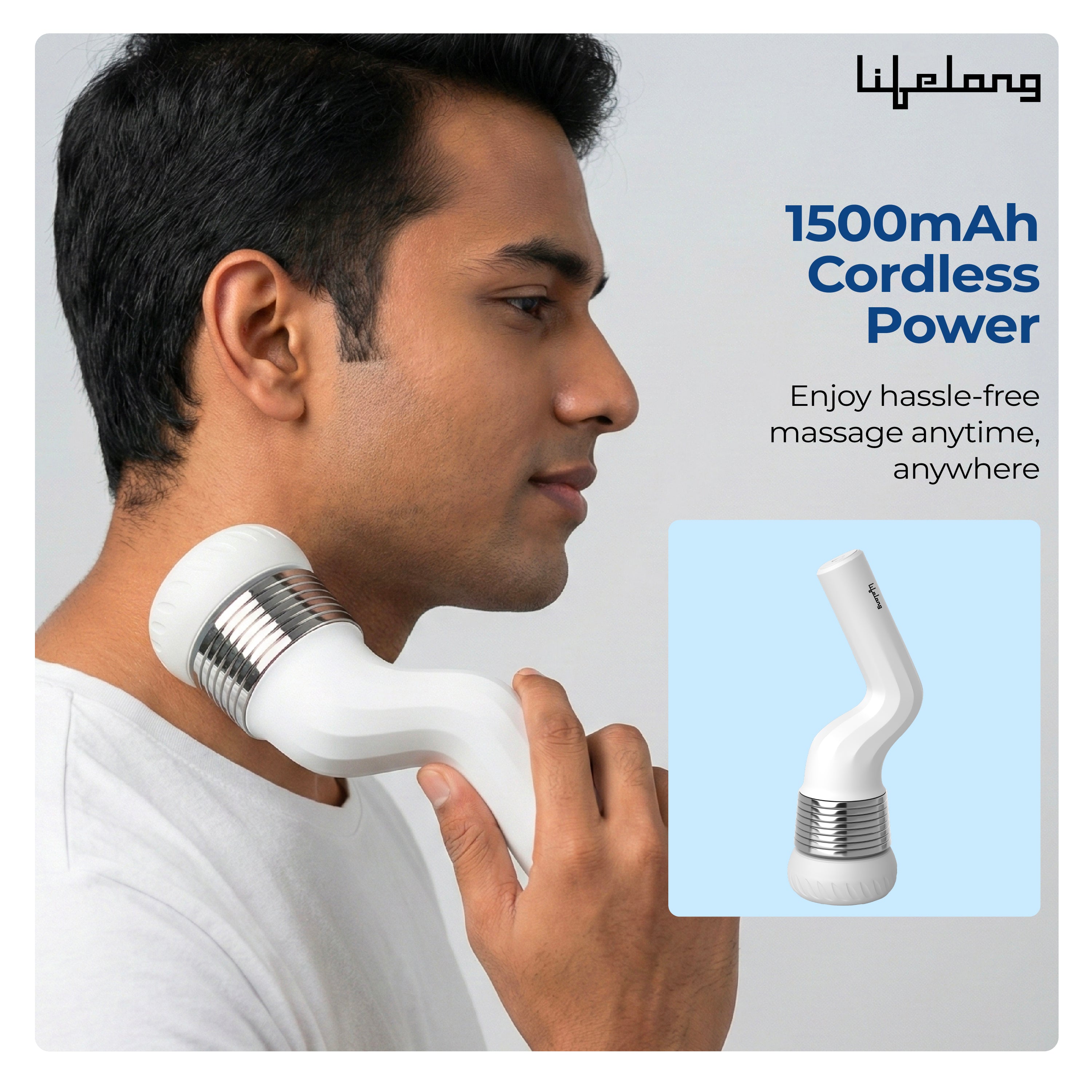 Lifelong Flathead Cordless Massager | Rechargeable Body Massager for Pain Relief | 4 Heads for Targeted Therapy | 6 Speed Levels | Full Body Electric Percussion Massager for Adults & Children