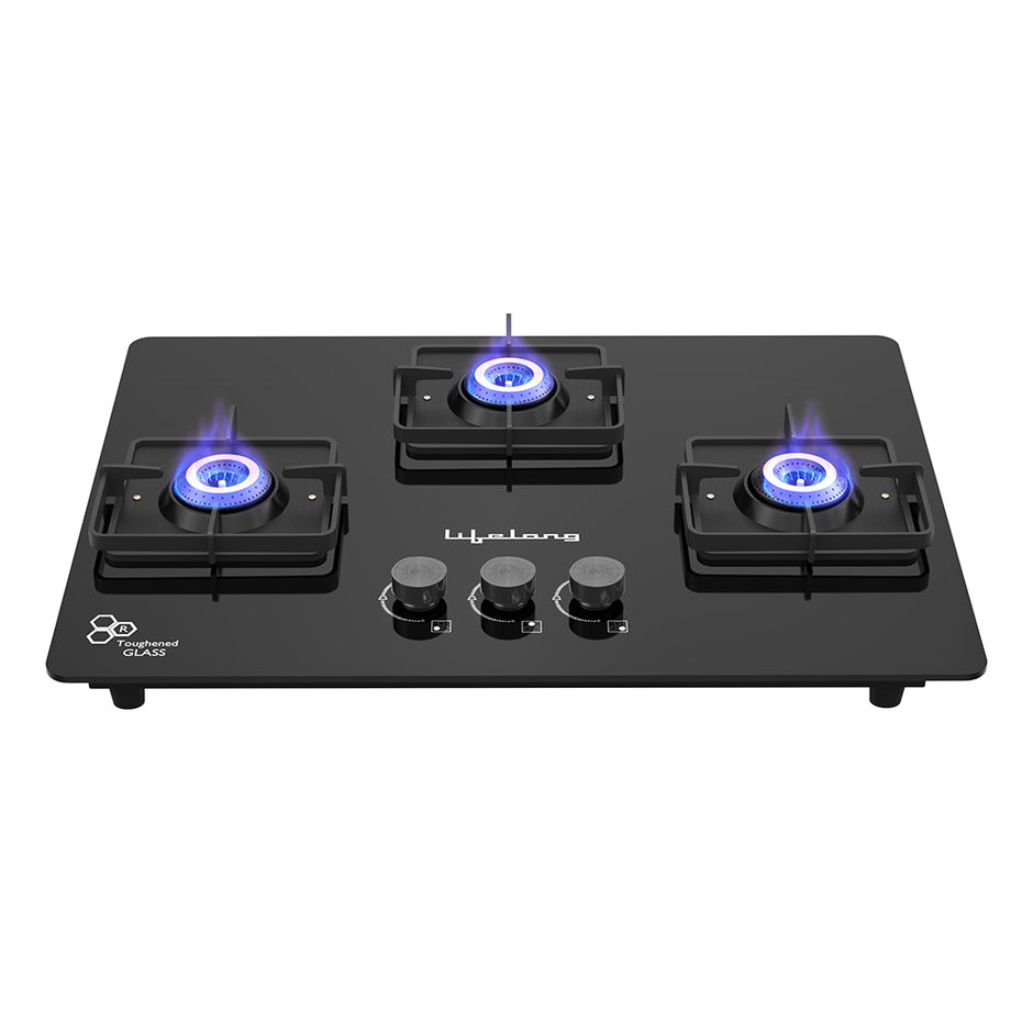Lifelong 3 Burner Hob Gas Stove – Toughened Glass Top with Auto Ignition for Modern Kitchen (LLHT923)