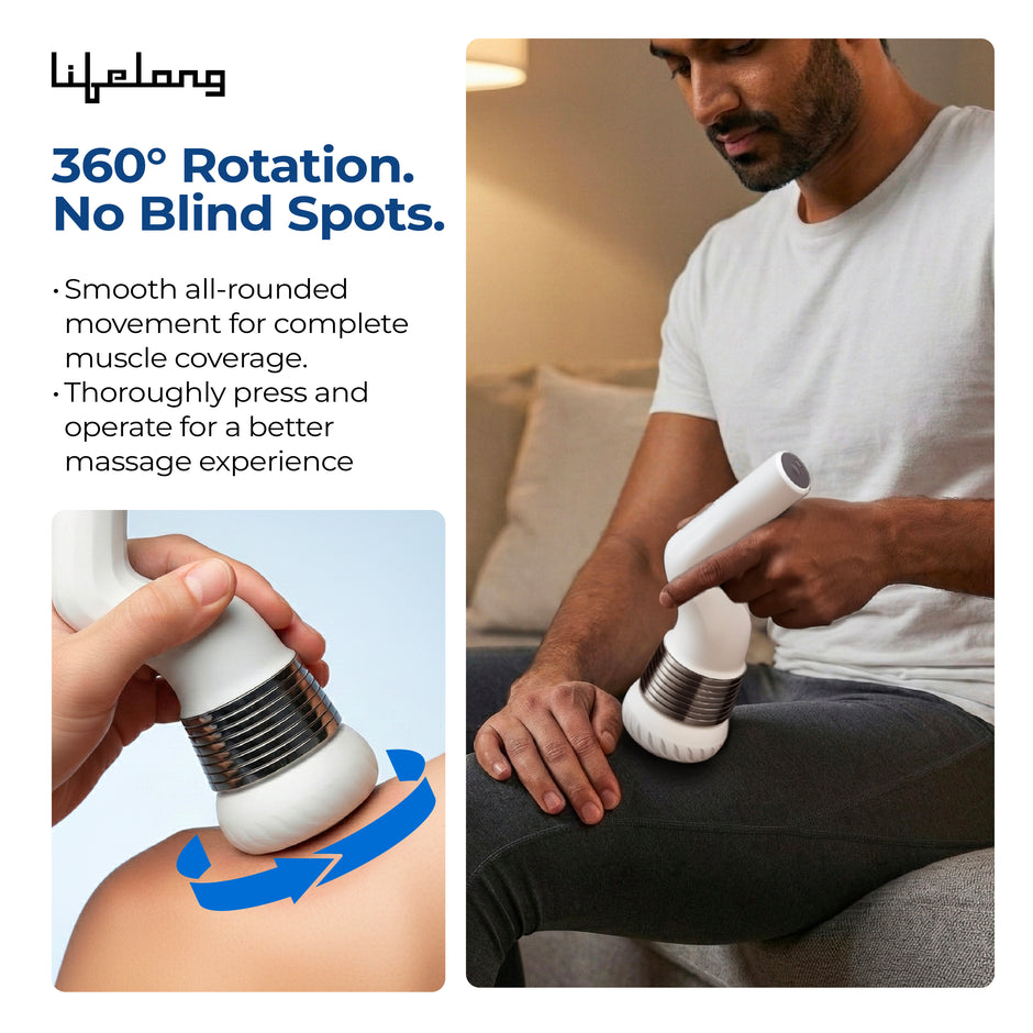 Lifelong Flathead Cordless Massager | Rechargeable Body Massager for Pain Relief | 4 Heads for Targeted Therapy | 6 Speed Levels | Full Body Electric Percussion Massager for Adults & Children