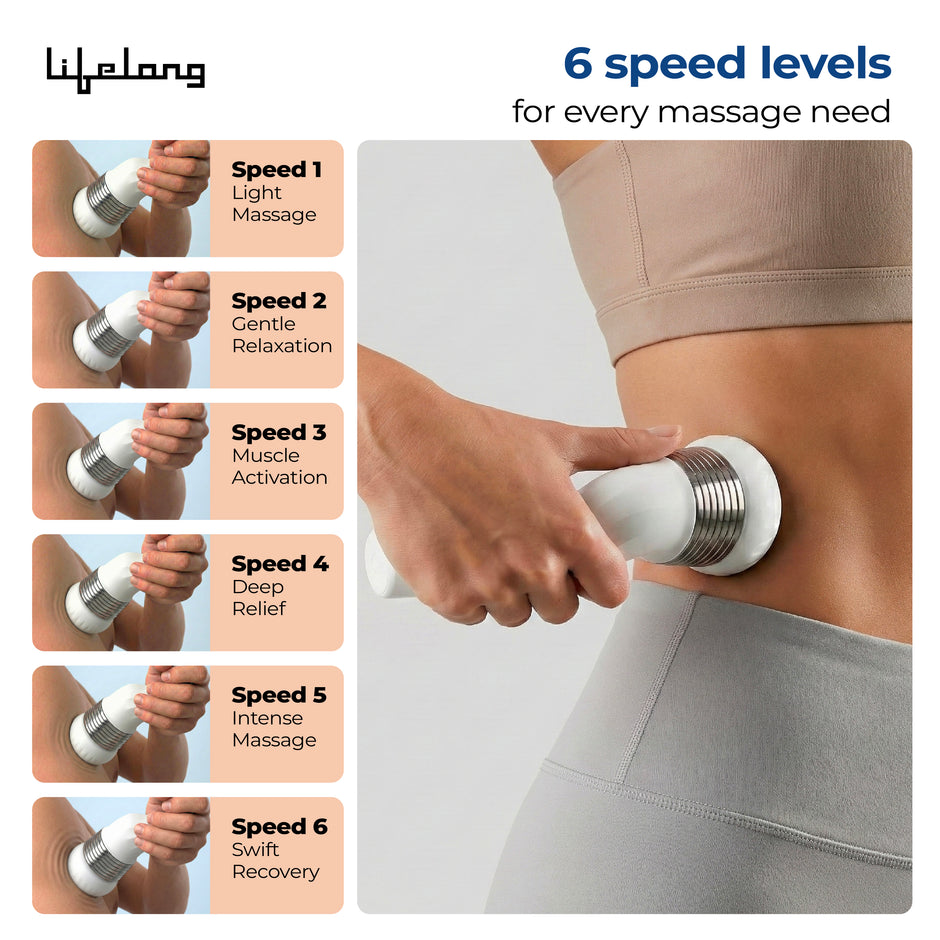 Lifelong Flathead Cordless Massager | Rechargeable Body Massager for Pain Relief | 4 Heads for Targeted Therapy | 6 Speed Levels | Full Body Electric Percussion Massager for Adults & Children