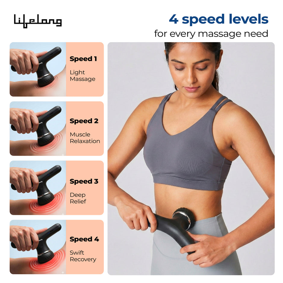 Lifelong Flathead Massager | Body Massager for Pain Relief | 4 Specialized Heads for Targeted Therapy | 4 Speed Levels | Full Body Electric Percussion Massager for Adults & Children