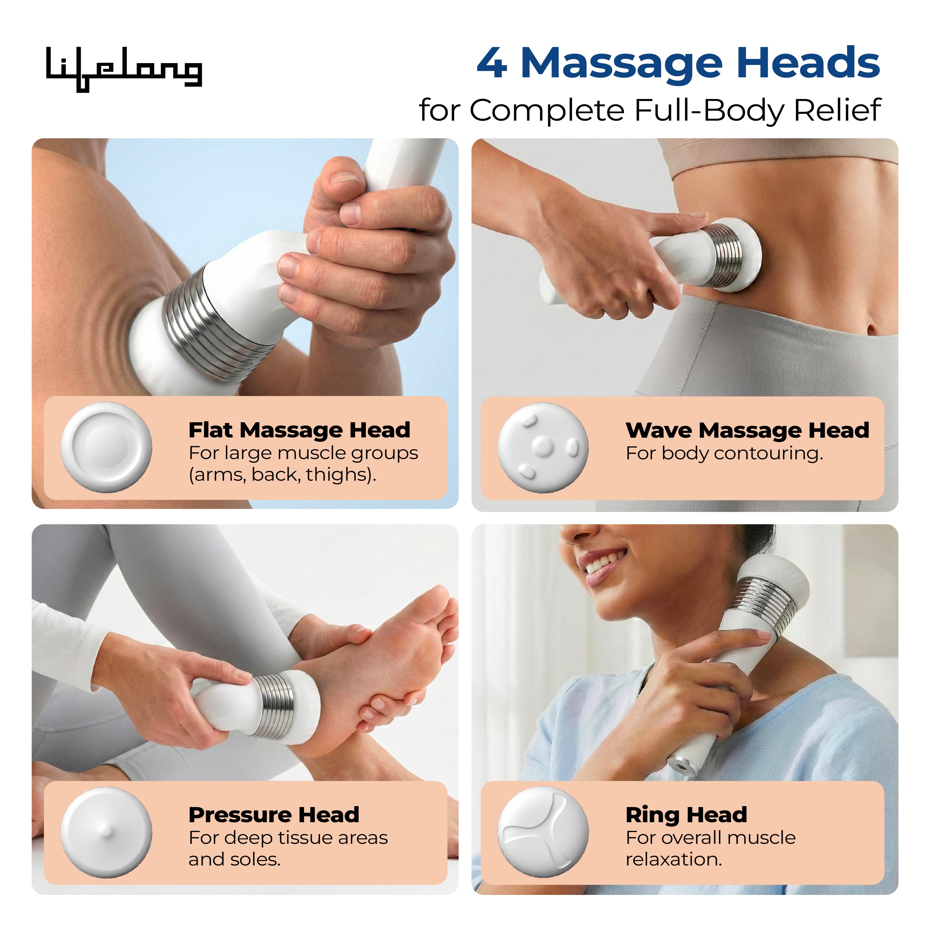 Lifelong Flathead Cordless Massager | Rechargeable Body Massager for Pain Relief | 4 Heads for Targeted Therapy | 6 Speed Levels | Full Body Electric Percussion Massager for Adults & Children