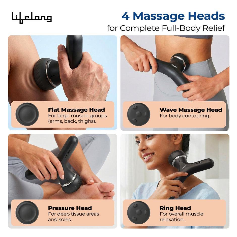 Lifelong Flathead Massager | Body Massager for Pain Relief | 4 Specialized Heads for Targeted Therapy | 4 Speed Levels | Full Body Electric Percussion Massager for Adults & Children