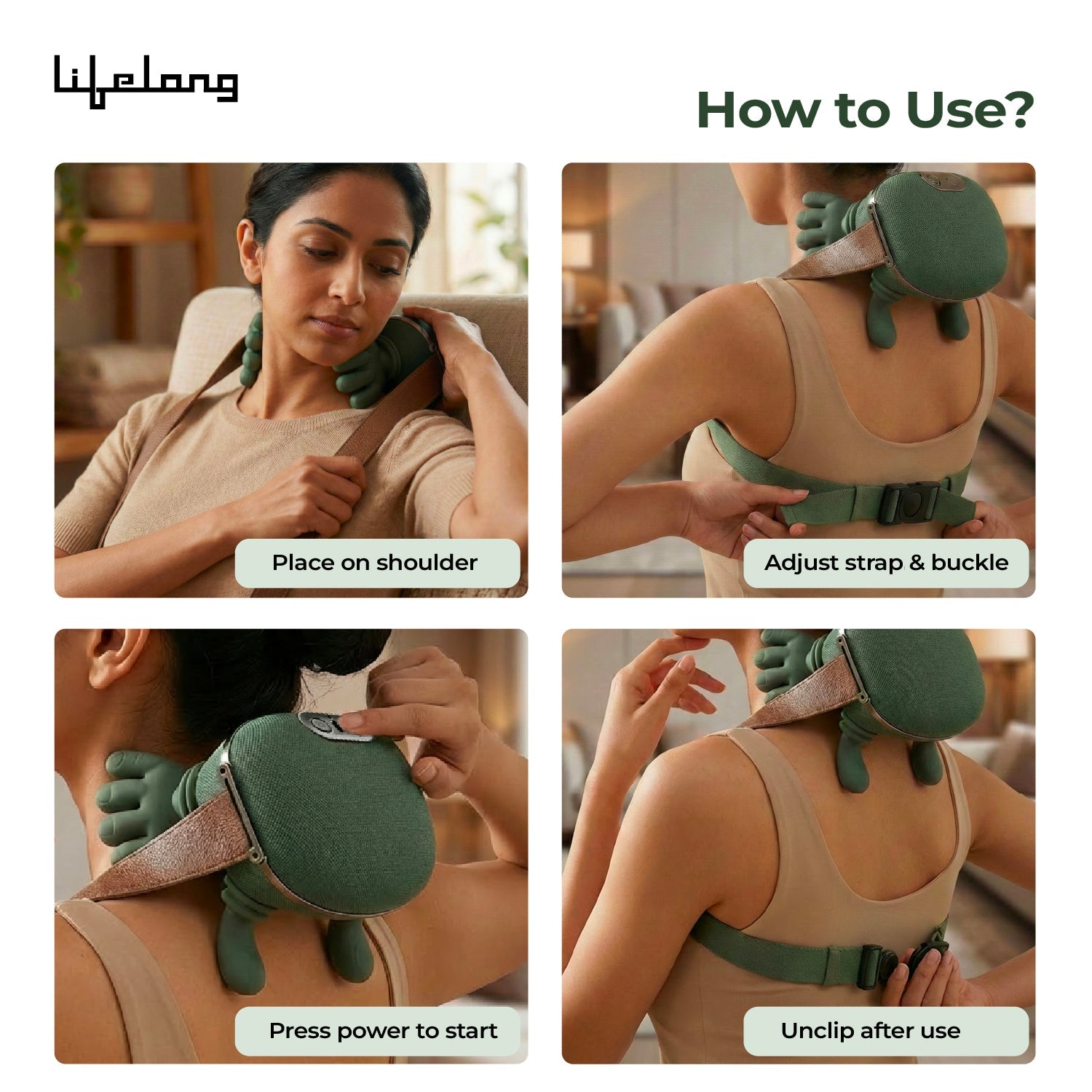 Lifelong Cordless Neck Massage Machine for Body Pain | 4D Kneading Back Massager for Pain Relief and deep Tissue | Simulated Human Hand Design | Wireless, Portable & Ergonomic Design