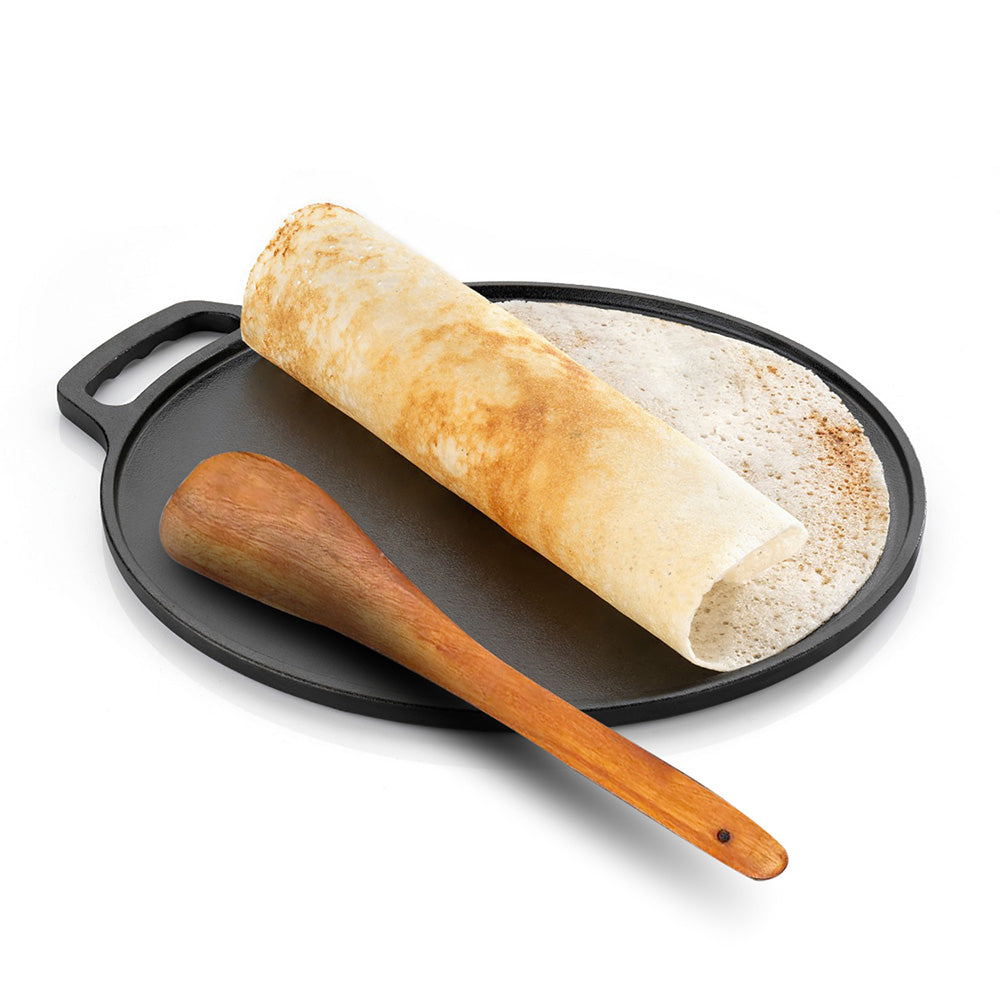 Cast Iron Dosa Tawa with Wooden Spatula