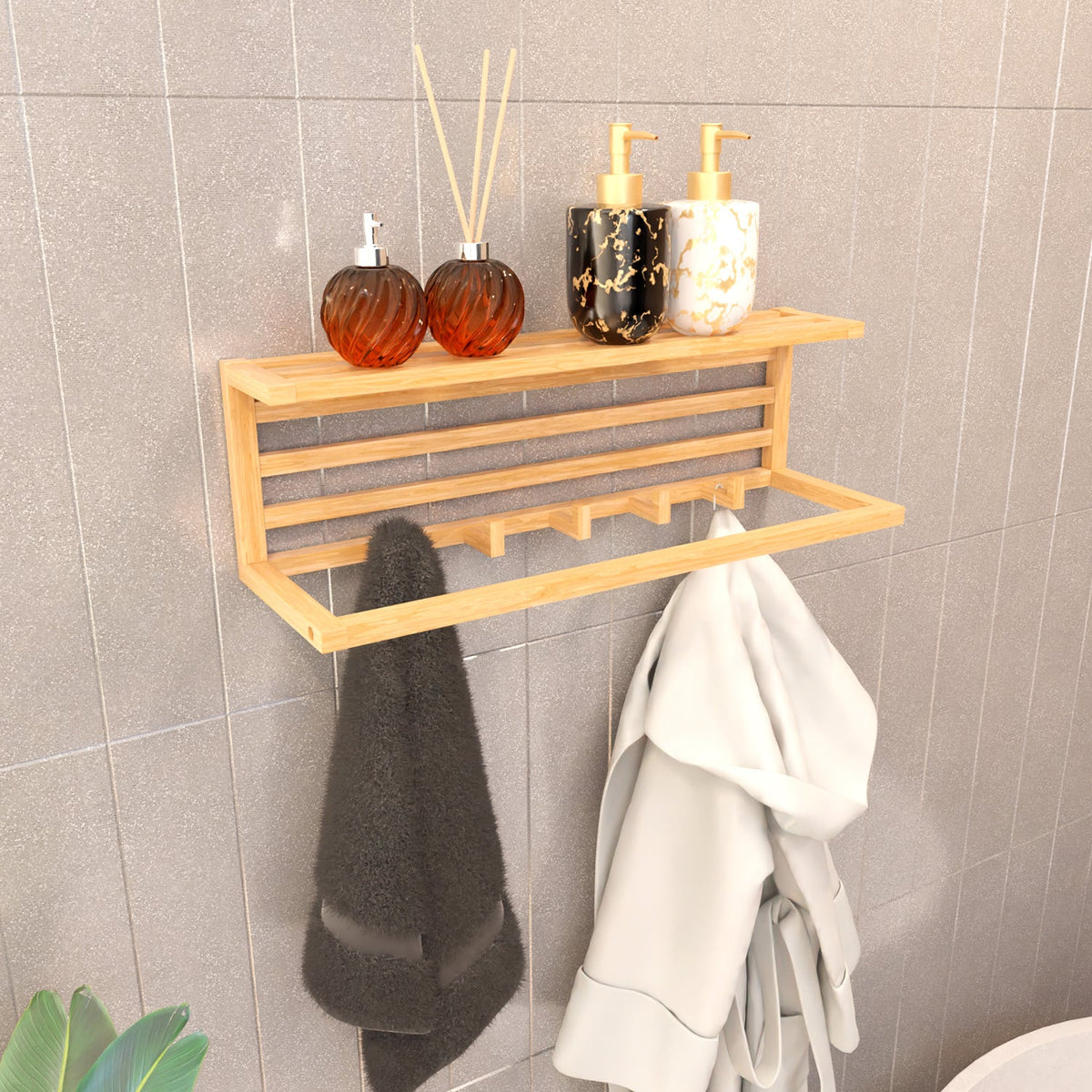 Bamboo Wall-Mounted Towel Rack with Shelf