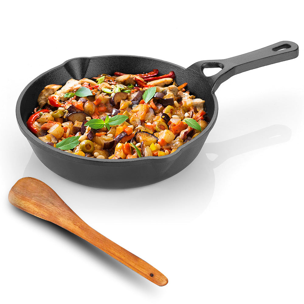 8 Inch Cast Iron Fry Pan with Wooden Spatula