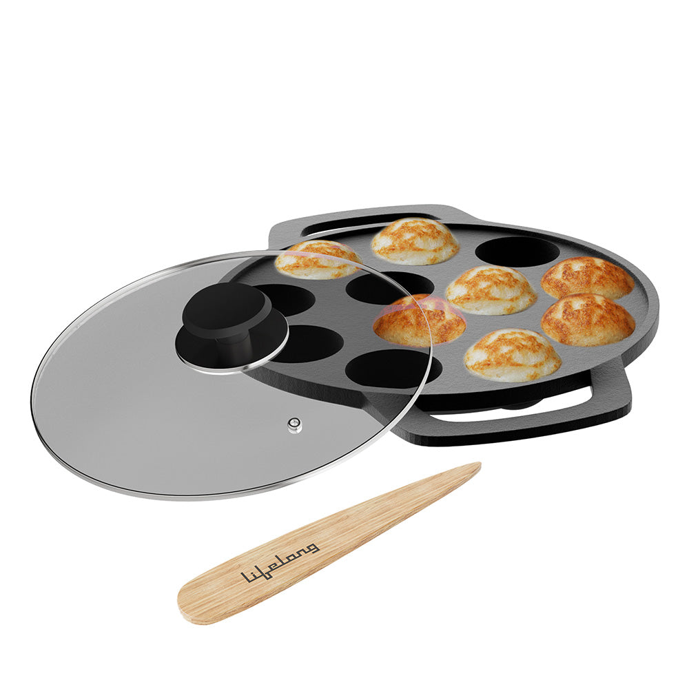 Cast Iron Paniyaram Pan with Glass Lid and Wooden Spatula