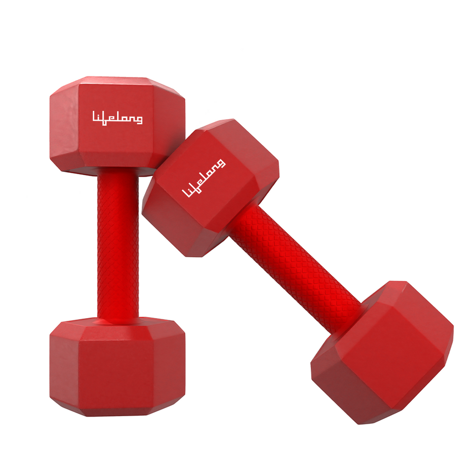 Lifelong PVC Hex Dumbbells Pack of 2 (1kg*2) Red Color for Home Gym Equipment Fitness Barbell|