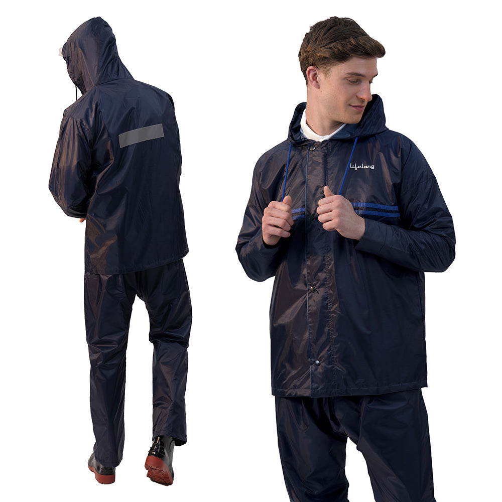 Men's Polyester Waterproof Standard Length Raincoat Double Coating Reversible Rain Suit with Hood & Inner Mobile Pocket, Set of Top and Bottom | Size: XXL