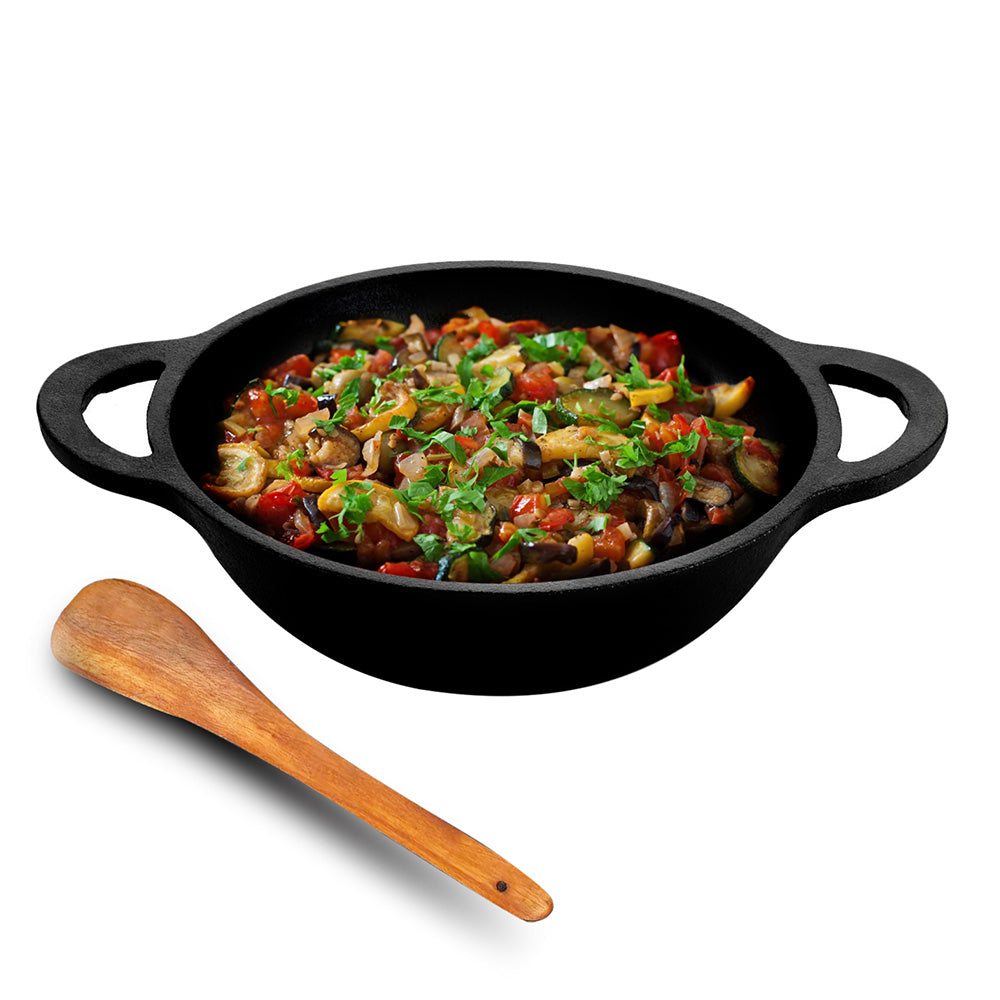 Lifelong Cast Iron Kadhai 20cm with Wooden Spatula