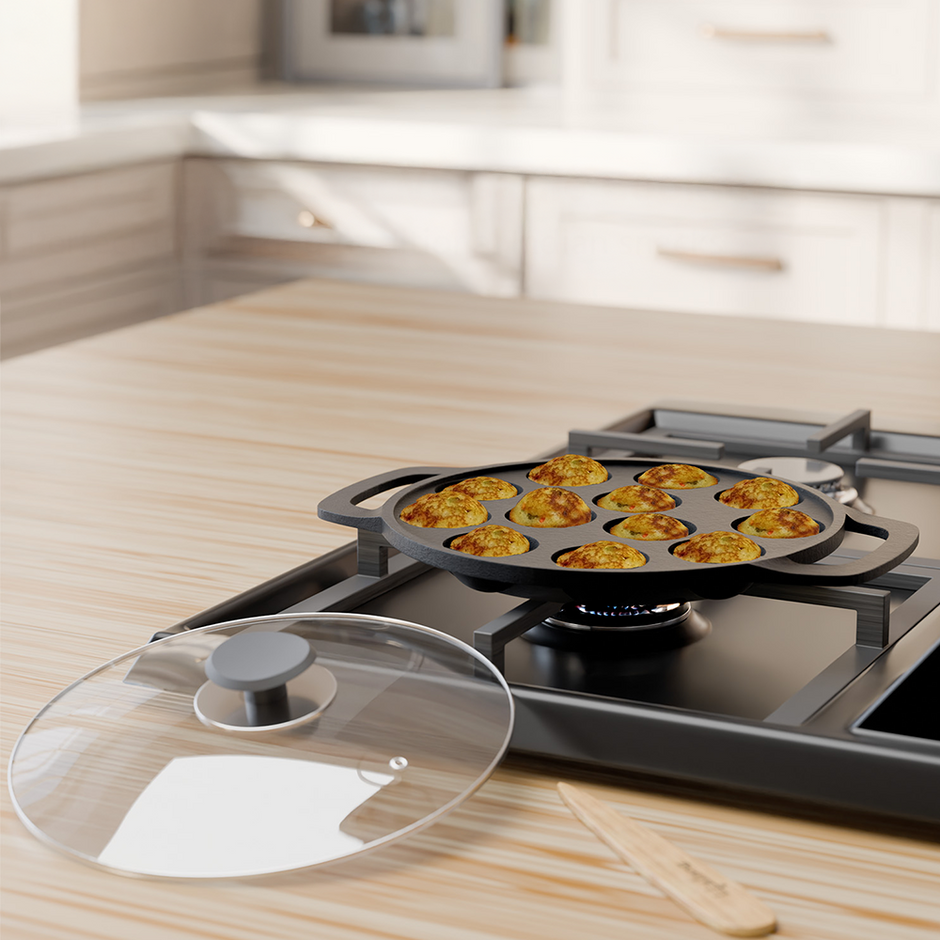 Lifelong Cast Iron paniyaram pan with Glass Lid & wooden Spatula