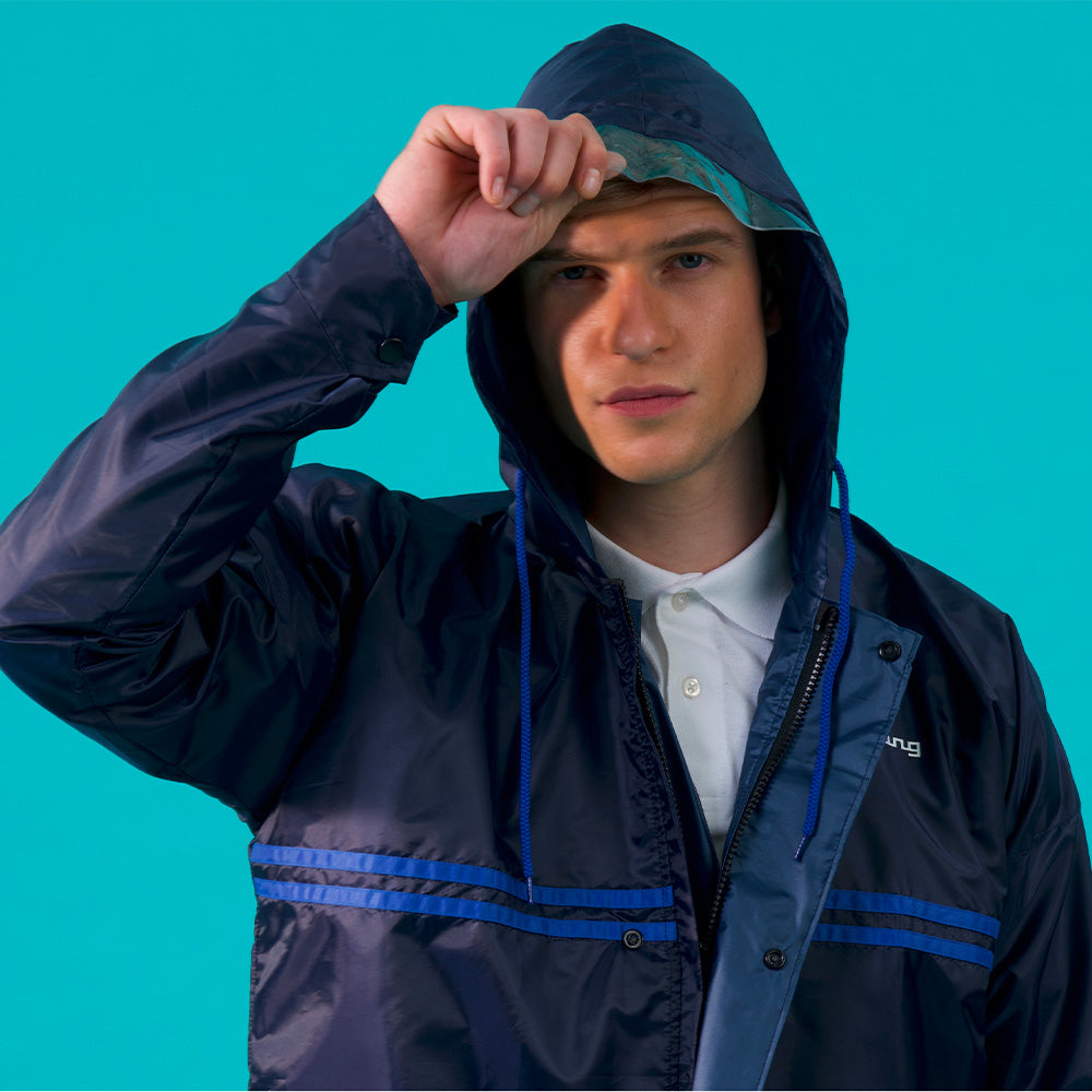 Men's Polyester Waterproof Standard Length Raincoat Double Coating Reversible Rain Suit with Hood & Inner Mobile Pocket, Set of Top and Bottom | Size: XXL