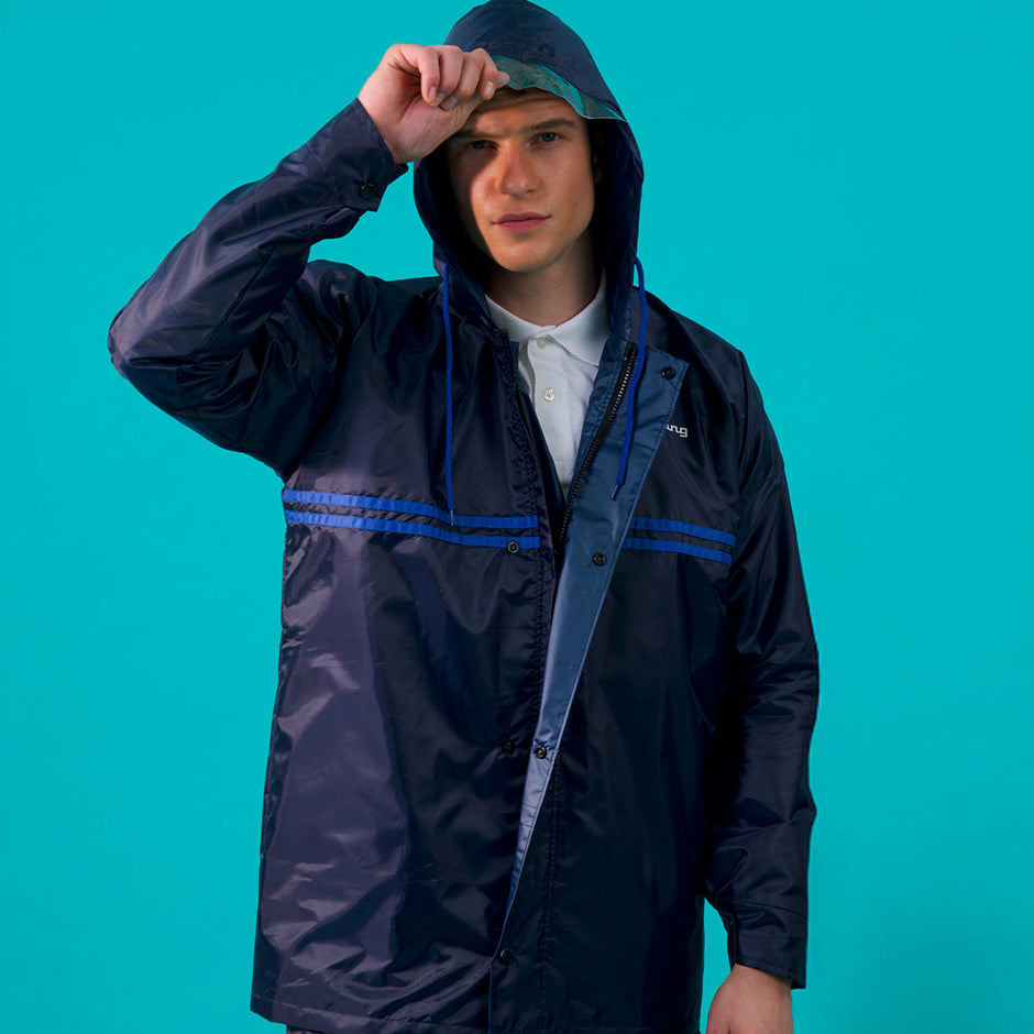 Men's Polyester Waterproof Standard Length Raincoat Double Coating Reversible Rain Suit with Hood & Inner Mobile Pocket, Set of Top and Bottom | Size: XXL