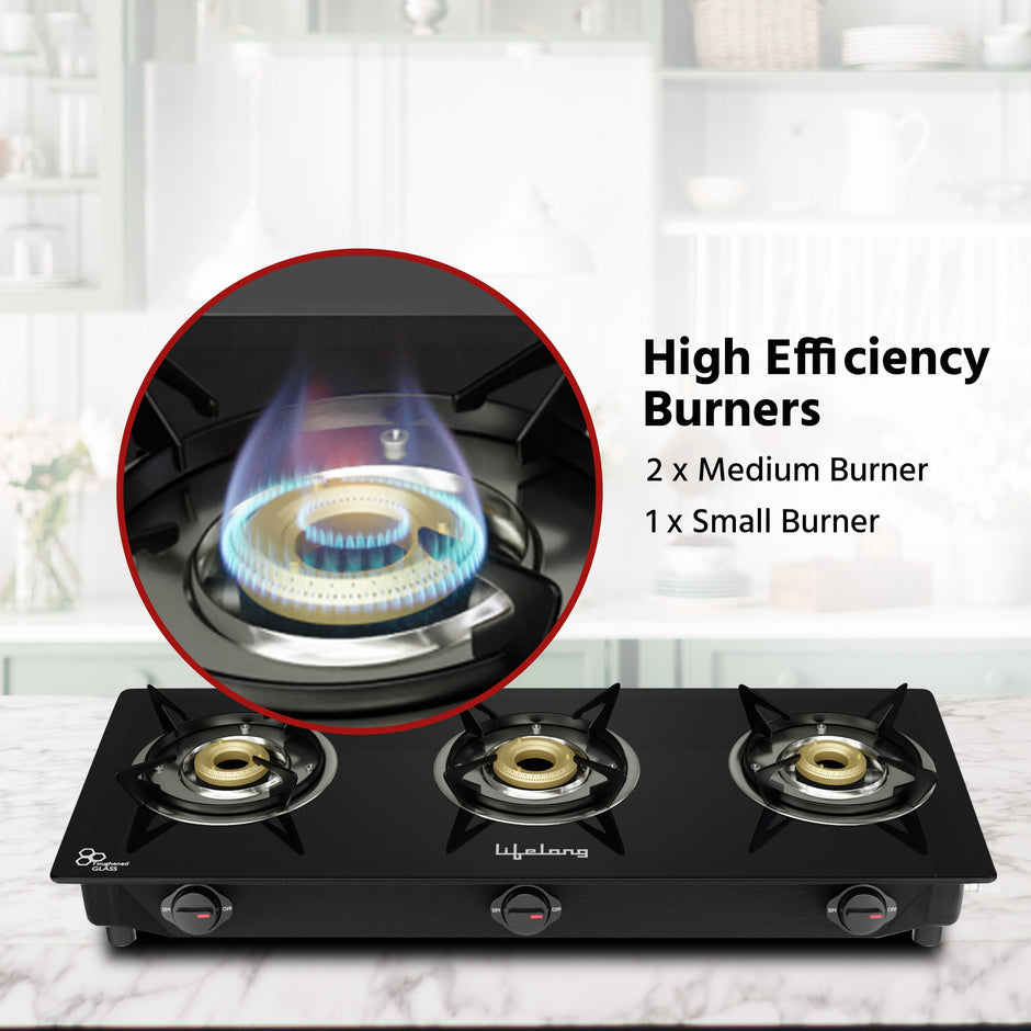 Lifelong LLGS930 3 Burner Glass Top Gas Stove - ISI Certified, LPG Only, High-Efficiency Burners