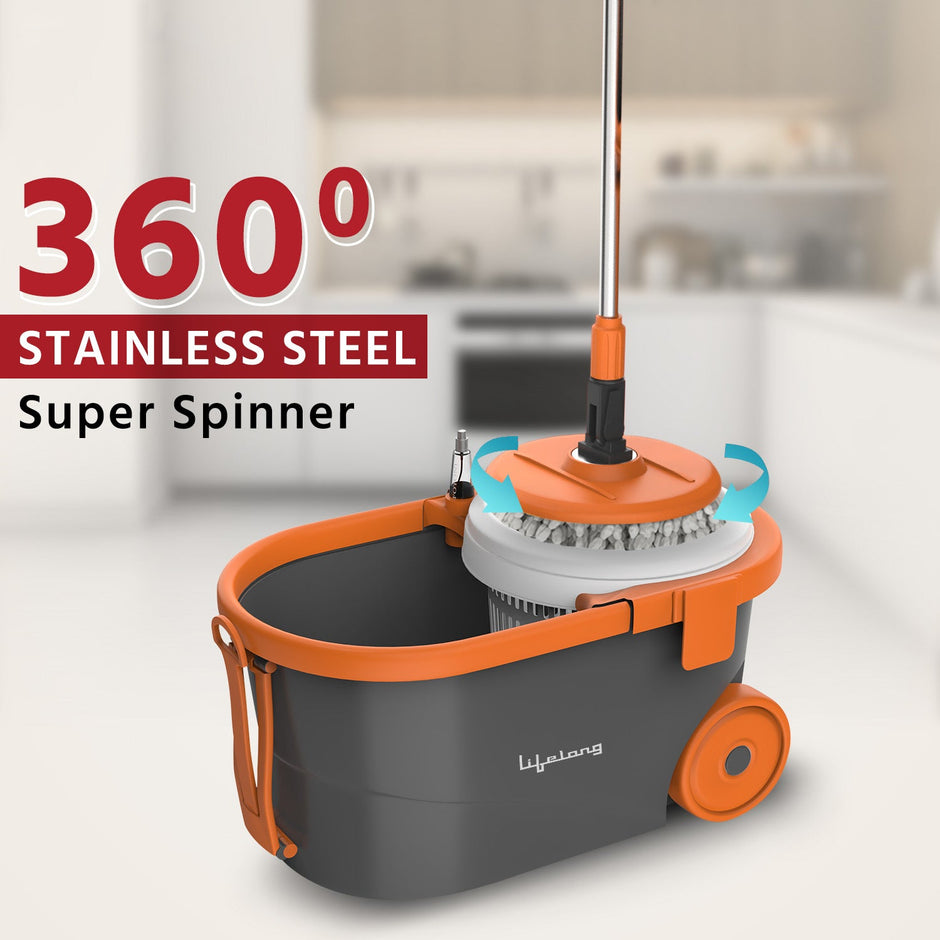 Lifelong 12L Spin Floor Mop Set with Bucket with 360 Degree Spinner, Floor Cleaning & Mopping System, Microfiber Refills (Orange, LLMOP901)