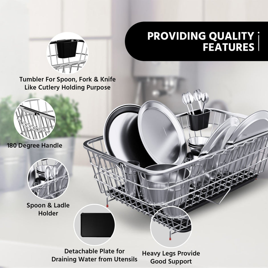 Lifelong Kitchen Organizer Stainless Steel Drying Rack -Vessel,Dish,Utensil Drainer Basket with Drip Tray, Suitable for All Utensils, Crockery, Plates & Bowl with Spoon Holder -Over Sink Bartan Stand