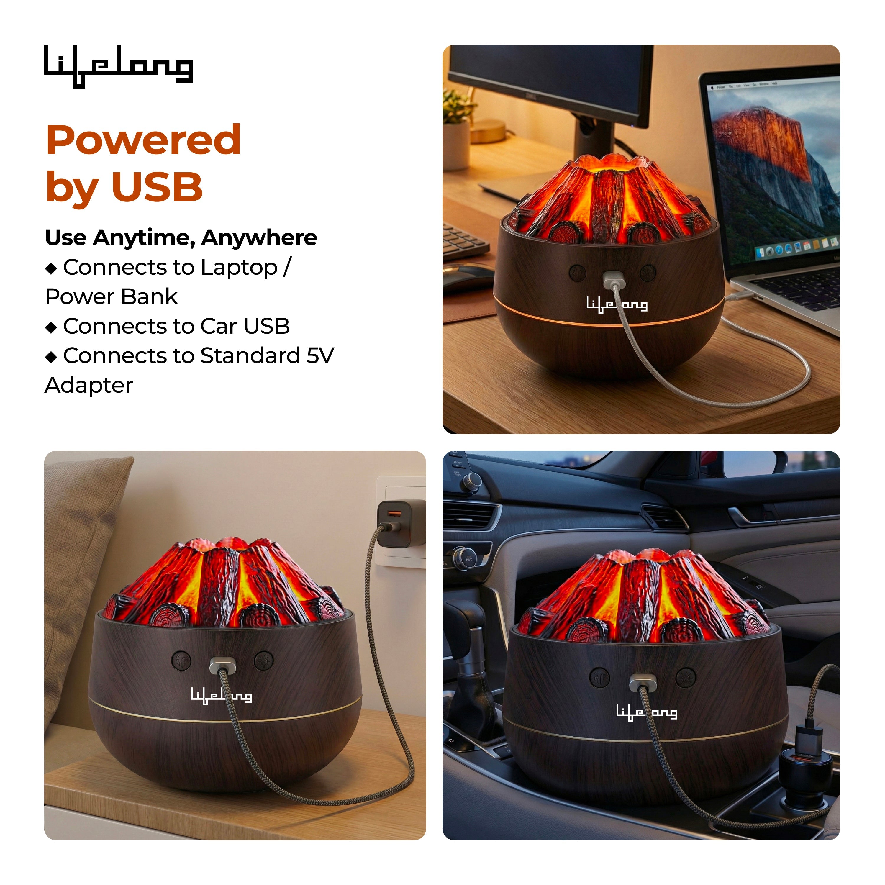 Lifelong Bonfire Home Humidifier & Essential Oil Diffuser | 300ml Tank Capacity |Ultrasonic Aromatherapy for Home, Office & Bedroom with Soothing Light for Relaxation| Essential Oil Fragrance Diffuser
