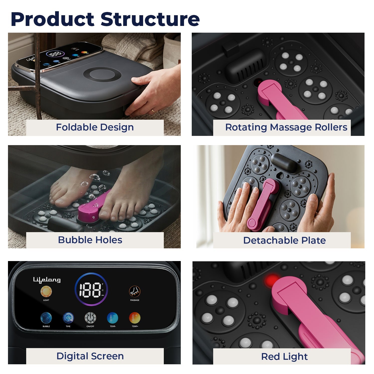 Lifelong Pedicure Foot Spa Massager Machine | Pedicure Tub for Home | with Digital Display & Bubble Function, 6 Massage Rollers & 3 Massage Model, Foldable Callus Remover | Remote Included