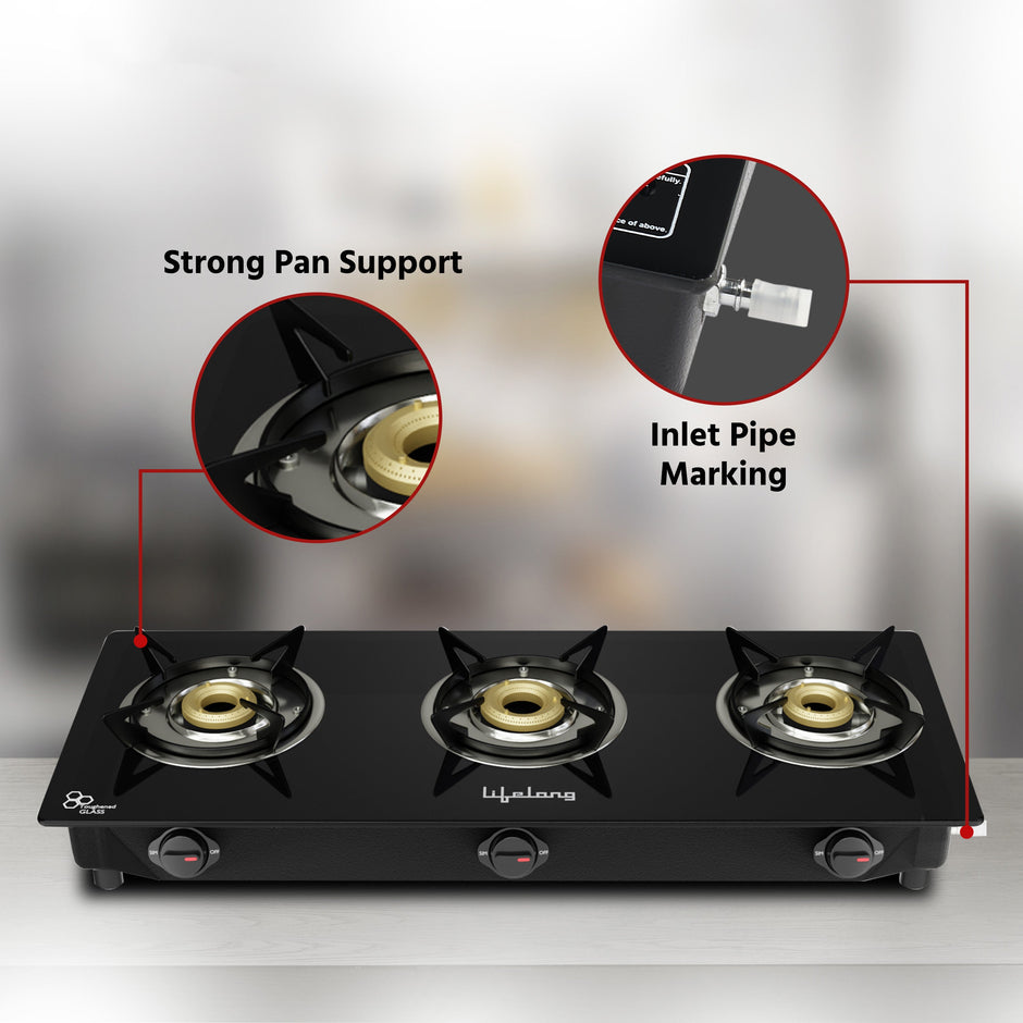 Lifelong LLGS930 3 Burner Glass Top Gas Stove - ISI Certified, LPG Only, High-Efficiency Burners