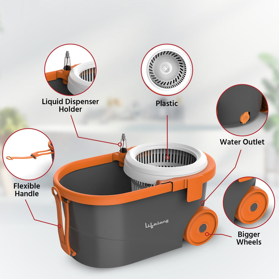 Lifelong 12L Spin Floor Mop Set with Bucket with 360 Degree Spinner, Floor Cleaning & Mopping System, Microfiber Refills (Orange, LLMOP901)