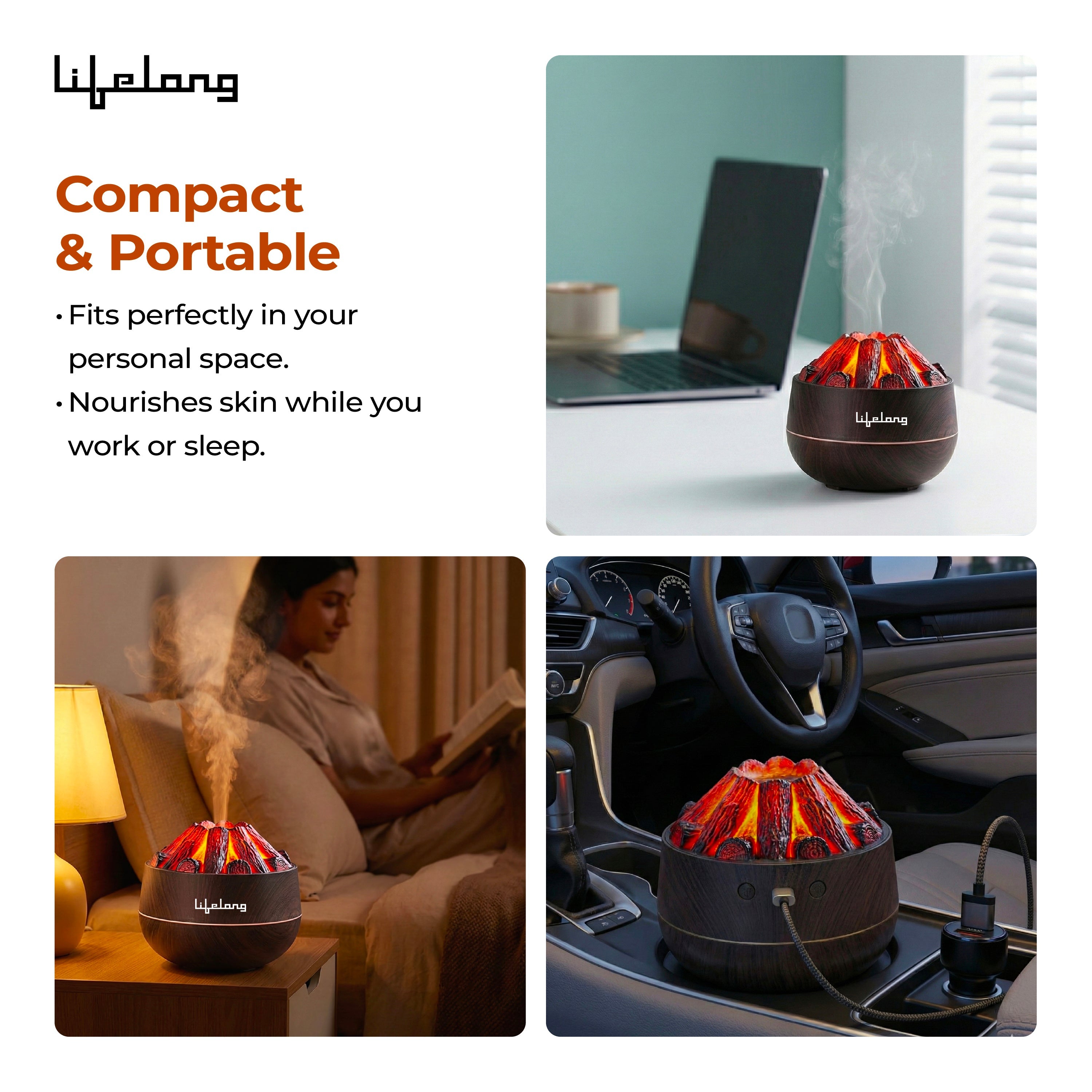 Lifelong Bonfire Home Humidifier & Essential Oil Diffuser | 300ml Tank Capacity |Ultrasonic Aromatherapy for Home, Office & Bedroom with Soothing Light for Relaxation| Essential Oil Fragrance Diffuser