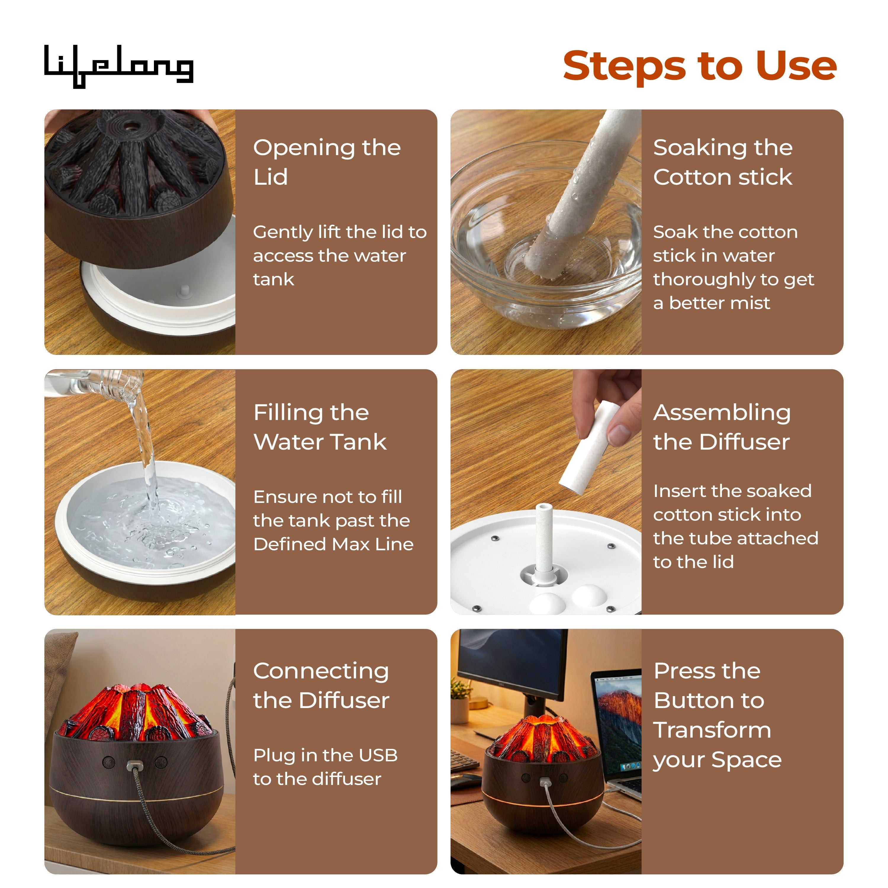 Lifelong Bonfire Home Humidifier & Essential Oil Diffuser | 300ml Tank Capacity |Ultrasonic Aromatherapy for Home, Office & Bedroom with Soothing Light for Relaxation| Essential Oil Fragrance Diffuser