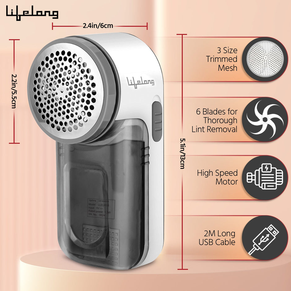 Lifelong 2-in-1 Lint Remover for Clothes with Brush - Fabric Shaver for Woollen Sweaters, Cotton Clothes, Sofa - Dust & Pet Hair Remover from Clothes - 2 Metre USB - Use with 5V-1A Adapter (LLELR18)
