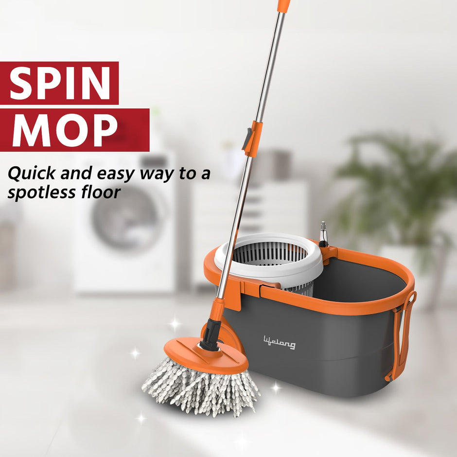 Lifelong 12L Spin Floor Mop Set with Bucket with 360 Degree Spinner, Floor Cleaning & Mopping System, Microfiber Refills (Orange, LLMOP901)