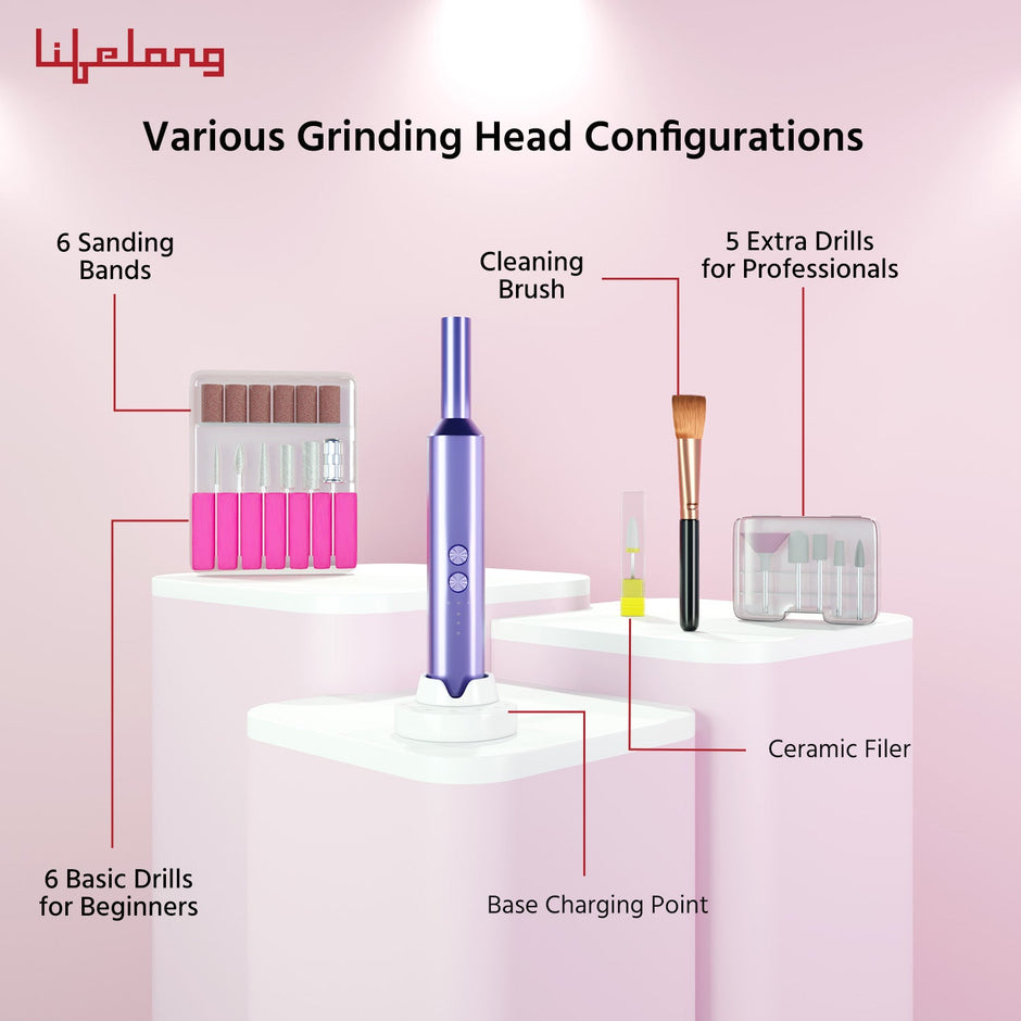 Professional Nail Drill Machine | Nail Filer Machine with 6 Sanding Bands, 12 Drills & Brush with Type-C