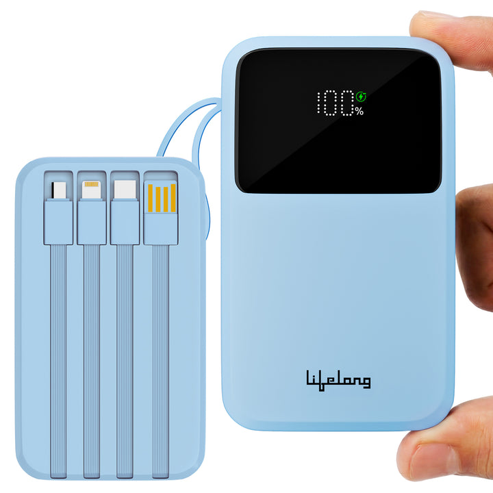Lifelong Electronics 10000mAh 22.5W Fast Charging Power Bank | 3 Inputs (1 Built-in USB A Cable + 1 C + 1 Lightning Port) & 6 Outputs (3 Built-in Cables + 1 C + 2 A Port) | Small Pocket Size Powerbank