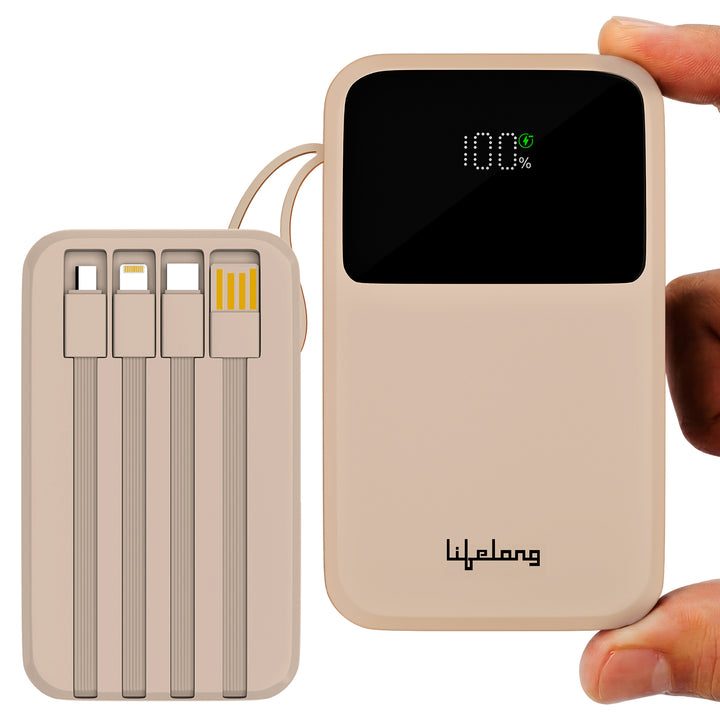 Lifelong Electronics 10000mAh 22.5W Fast Charging Power Bank | 3 Inputs (1 Built-in USB A Cable + 1 C + 1 Lightning Port) & 6 Outputs (3 Built-in Cables + 1 C + 2 A Port) | Small Pocket Size Powerbank