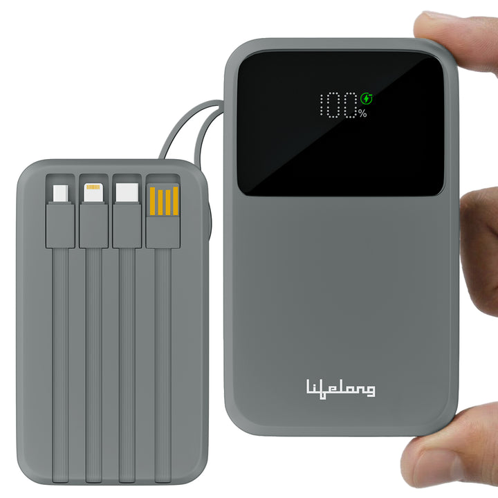 Lifelong Electronics 20000mAh 22.5W Fast Charging Power Bank | 3 Inputs (1 Built-in USB A Cable + 1 C + 1 Lightning Port) & 6 Outputs (3 Built-in Cables + 1 C + 2 A Port) | Small Pocket Size Powerbank