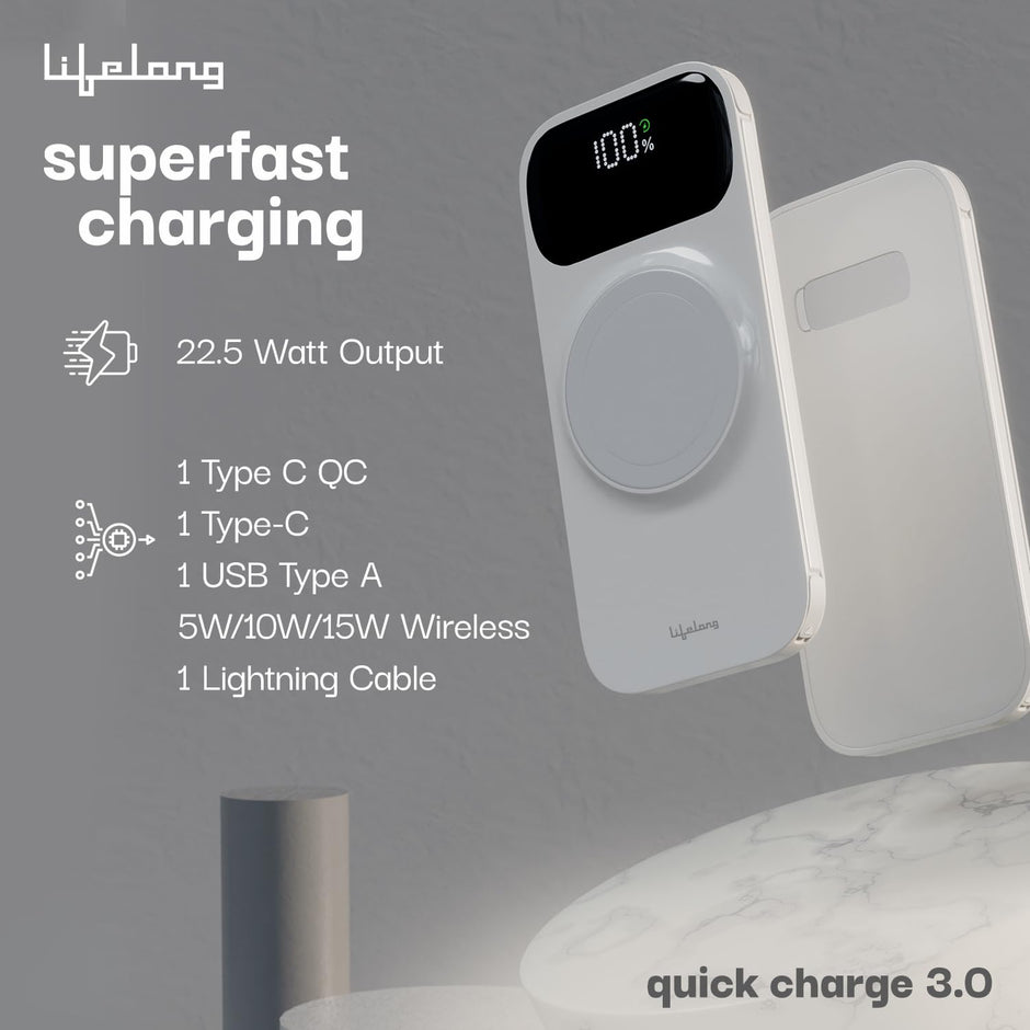 Lifelong ChargeMate 10000 mAh 22.5 W Wireless with MagSafe Slim Pocket Size Power Bank (White, Lithium Polymer, Fast Charging, Quick Charge 3.0 for Earbuds, Mobile, Smartwatch, Speaker, Tablet)