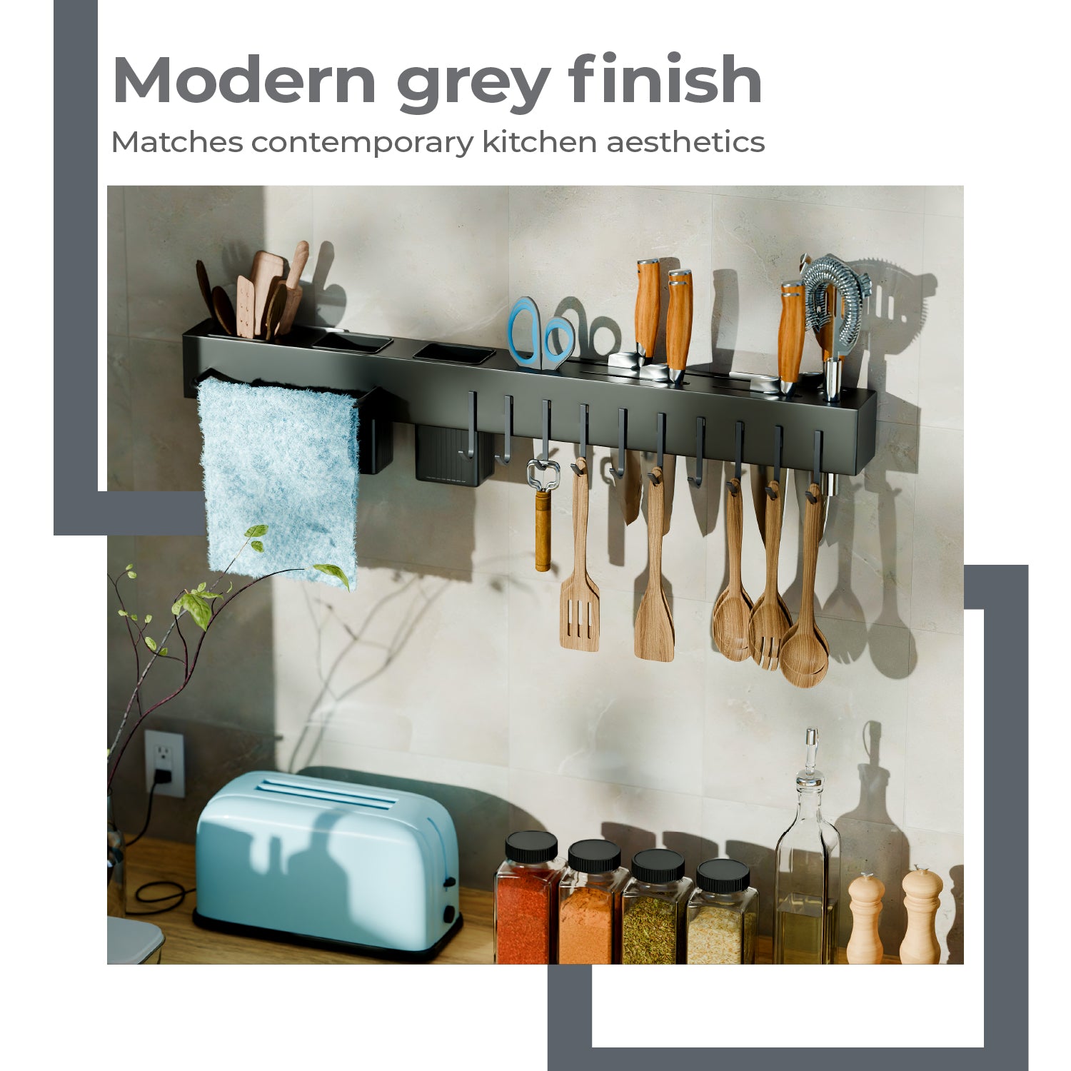 Lifelong Wall-Mounted Kitchen Storage Organizer Rack with Hooks, Knife Holder, Towel Rod, Storage Baskets & Shelf