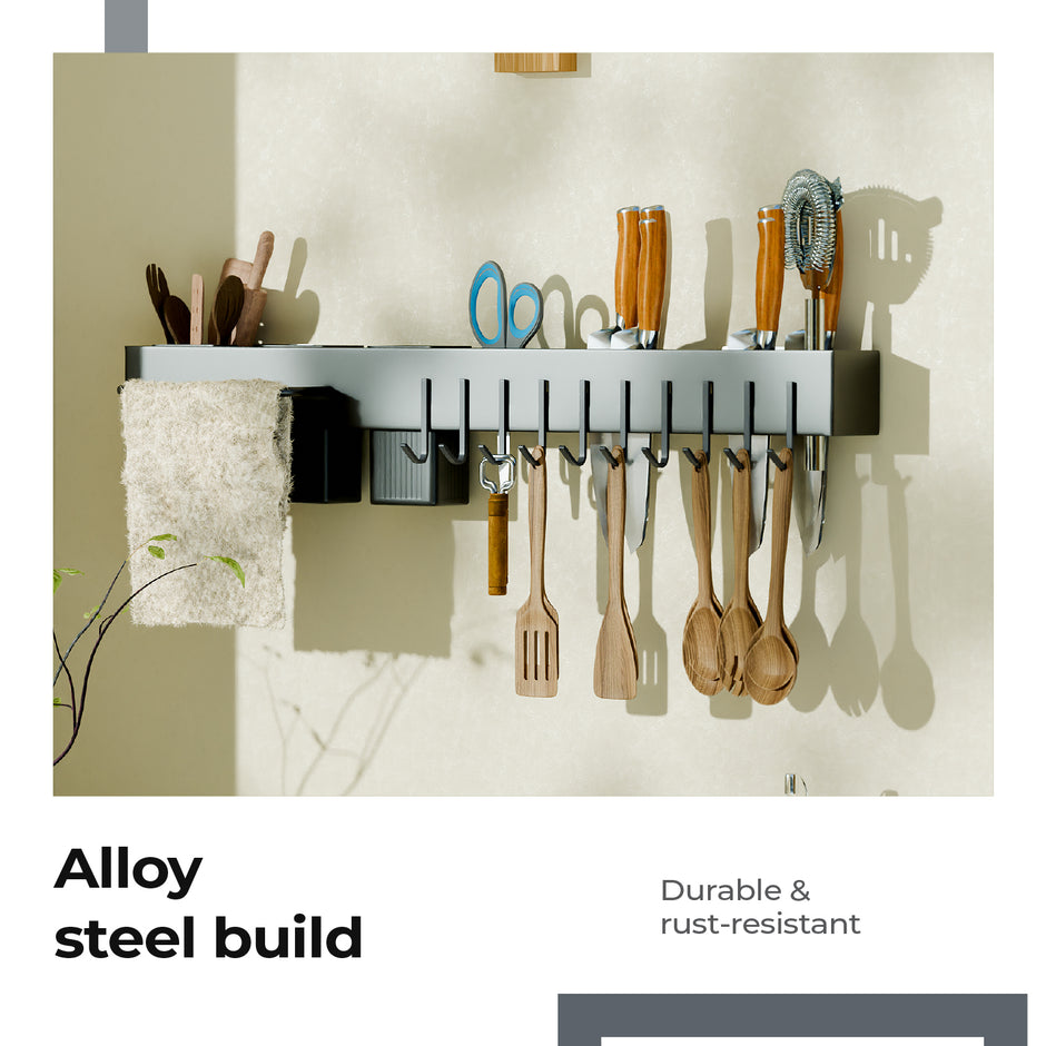 Lifelong Wall-Mounted Kitchen Storage Organizer Rack with Hooks, Knife Holder, Towel Rod, Storage Baskets & Shelf