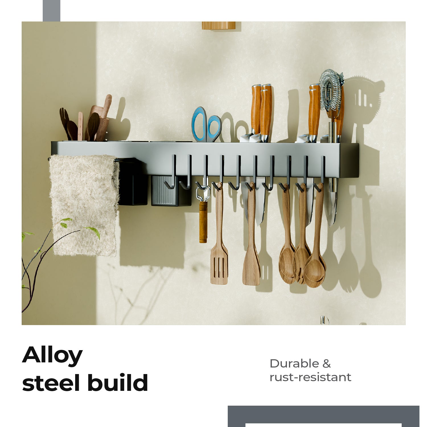 Lifelong Wall-Mounted Kitchen Storage Organizer Rack with Hooks, Knife Holder, Towel Rod, Storage Baskets & Shelf