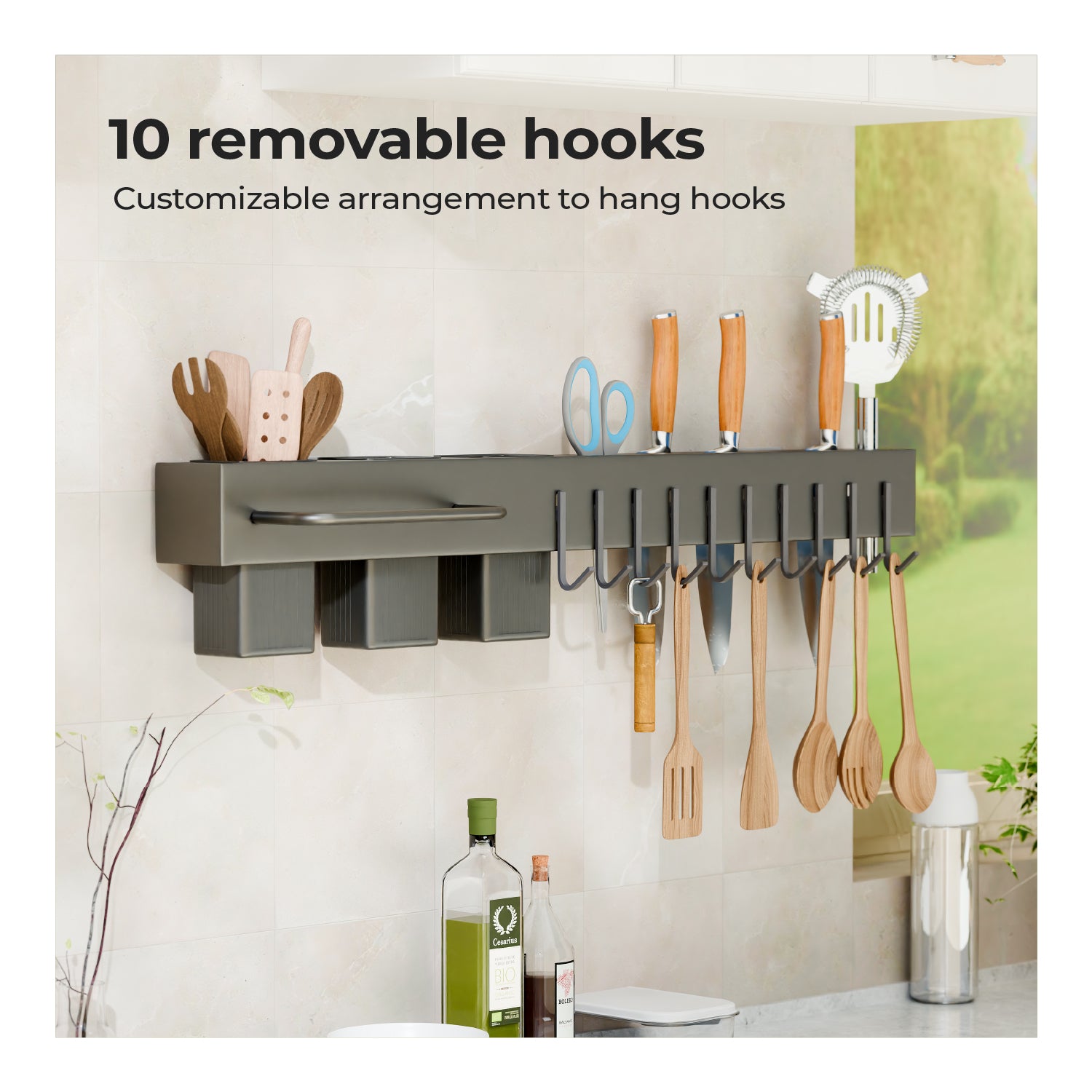 Lifelong Wall-Mounted Kitchen Storage Organizer Rack with Hooks, Knife Holder, Towel Rod, Storage Baskets & Shelf