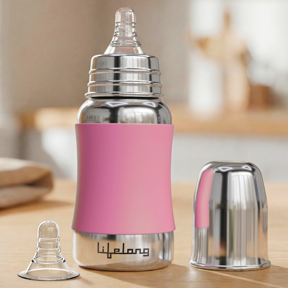 Lifelong SS304 Stainless Steel Baby Feeding Bottle 150ML with Silicone Sleeve – Anti-Colic, BPA Free, Leakproof Milk & Water Bottle for Newborns (Blue)