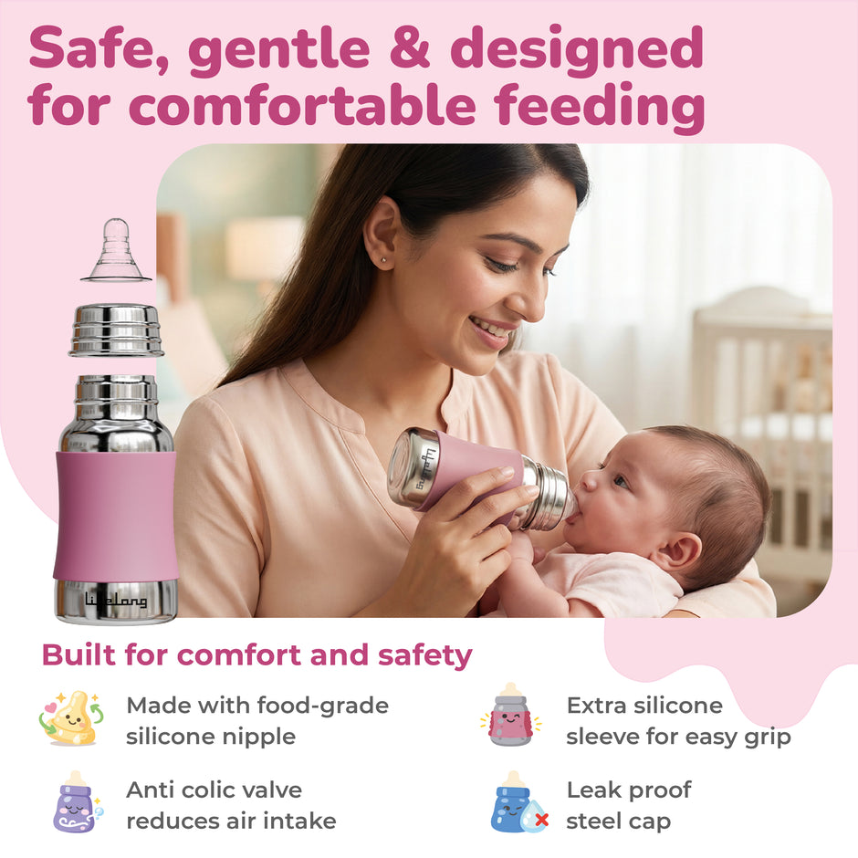 Lifelong SS304 Stainless Steel Baby Feeding Bottle 150ML with Silicone Sleeve – Anti-Colic, BPA Free, Leakproof Milk & Water Bottle for Newborns (Blue)