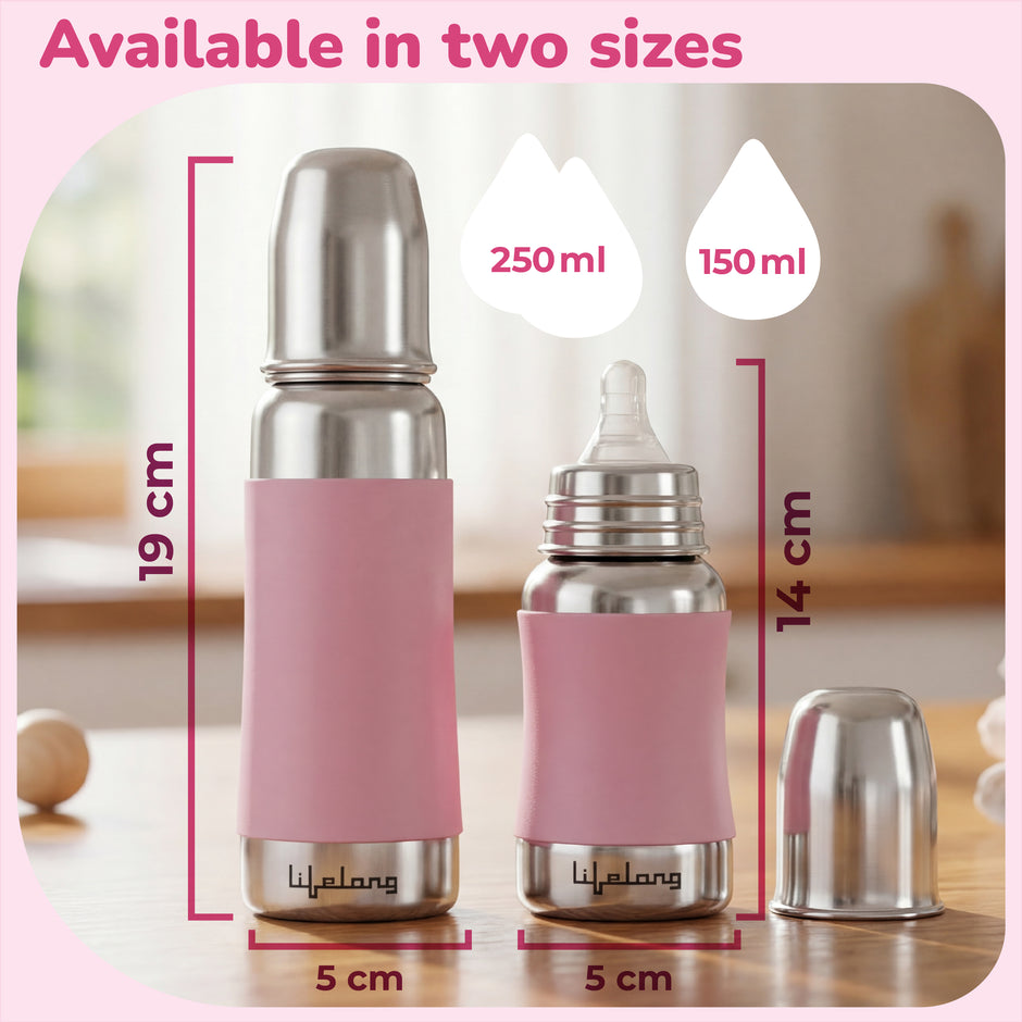 Lifelong SS304 Stainless Steel Baby Feeding Bottle 150ML with Silicone Sleeve – Anti-Colic, BPA Free, Leakproof Milk & Water Bottle for Newborns (Blue)