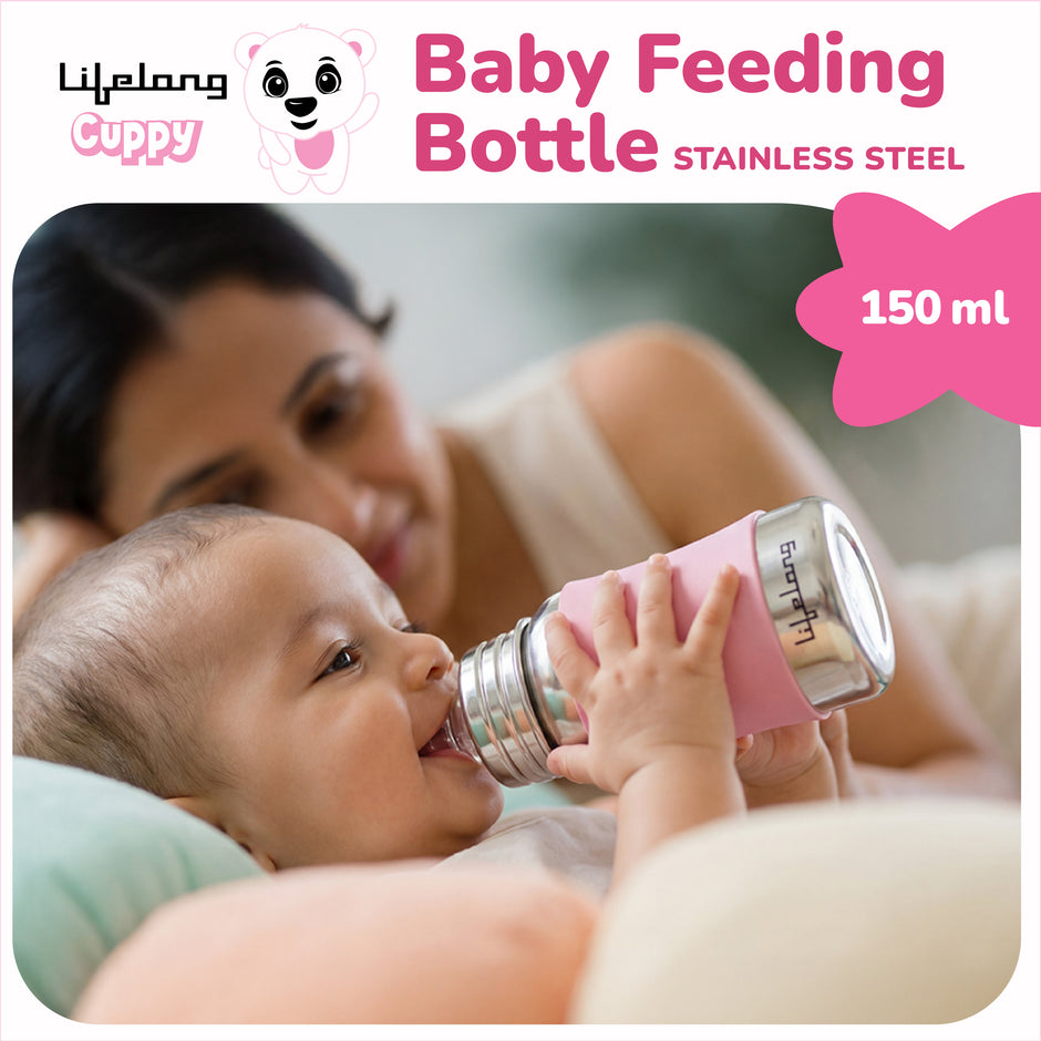 Lifelong SS304 Stainless Steel Baby Feeding Bottle 150ML with Silicone Sleeve – Anti-Colic, BPA Free, Leakproof Milk & Water Bottle for Newborns (Blue)