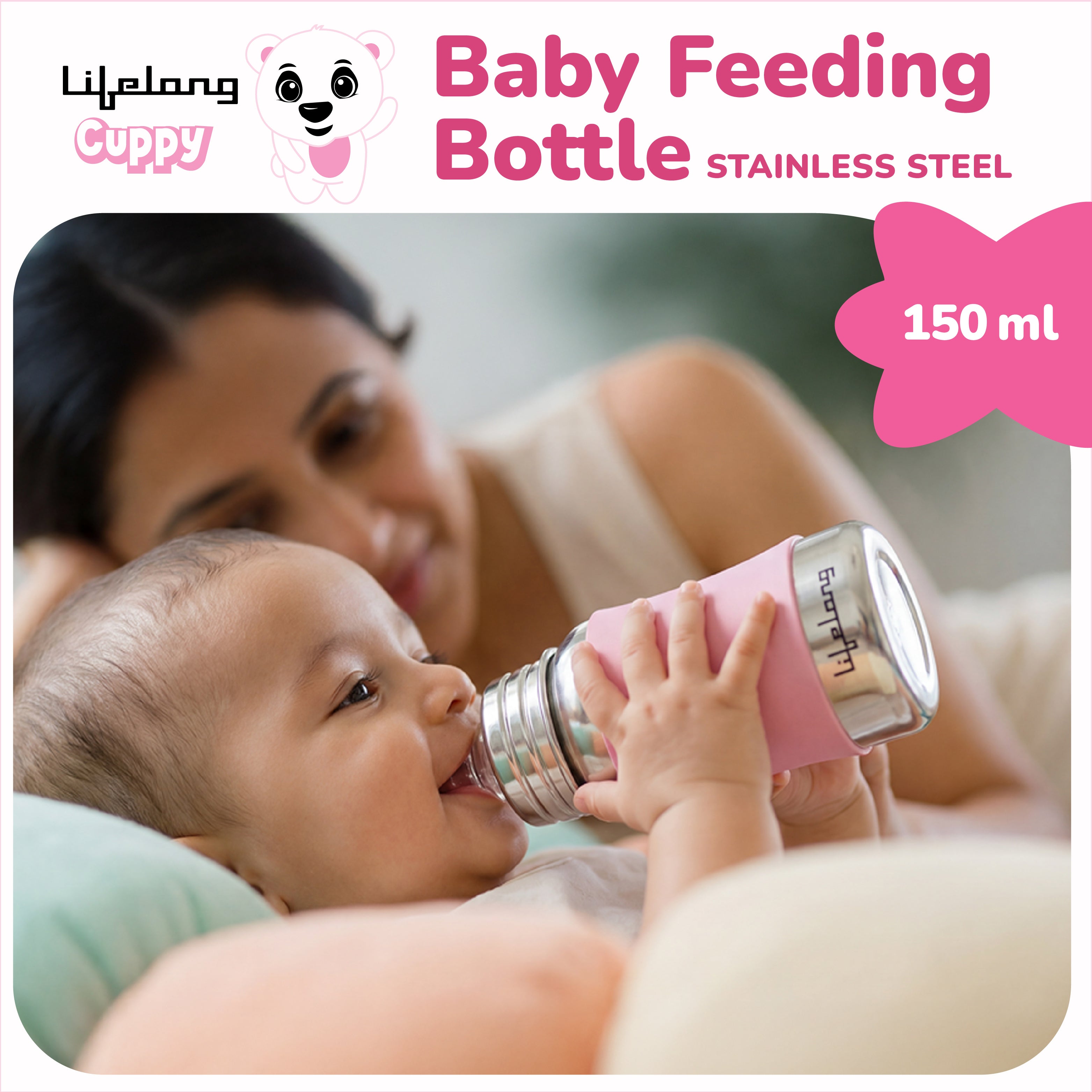 Lifelong SS304 Stainless Steel Baby Feeding Bottle 150ML with Silicone Sleeve – Anti-Colic, BPA Free, Leakproof Milk & Water Bottle for Newborns (Blue)