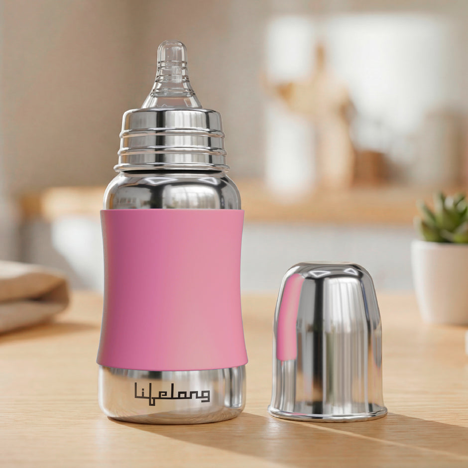 Lifelong SS304 Stainless Steel Baby Feeding Bottle 150ML with Silicone Sleeve – Anti-Colic, BPA Free, Leakproof Milk & Water Bottle for Newborns (Blue)