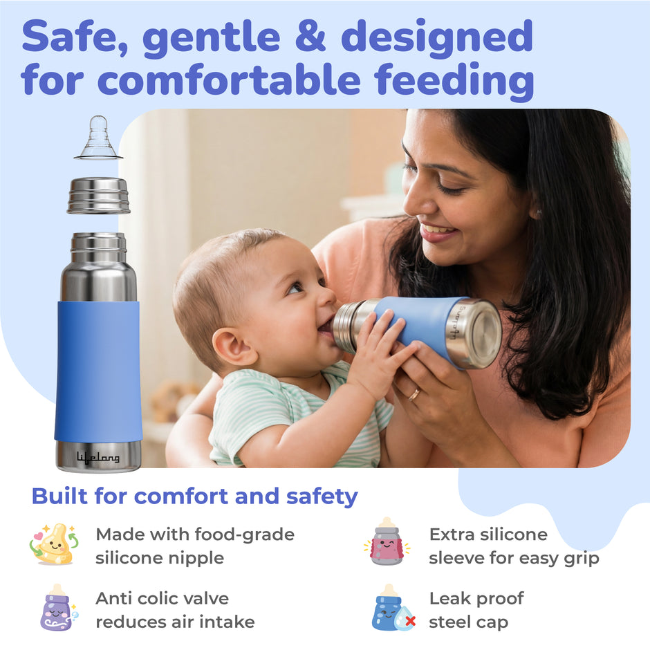 Lifelong Stainless Steel Anti-Colic Feeding Bottle 250ML – BPA Free, Leakproof (Blue)