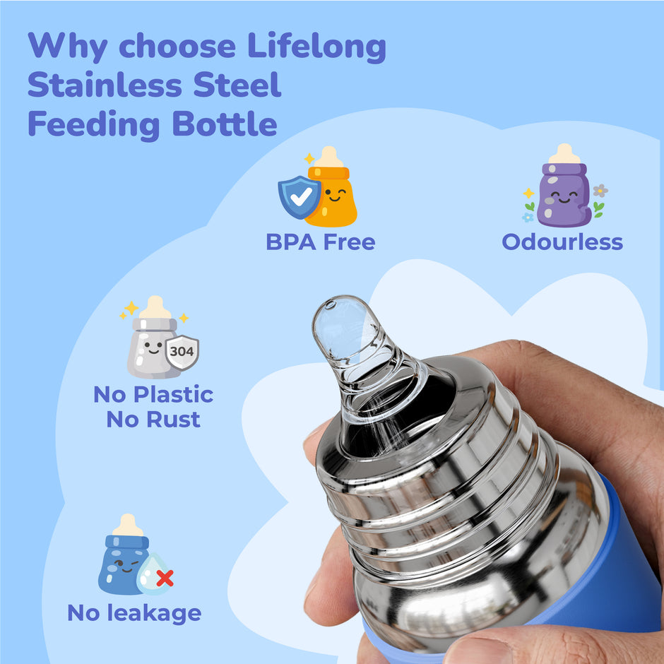 Lifelong Stainless Steel Anti-Colic Feeding Bottle 250ML – BPA Free, Leakproof (Blue)